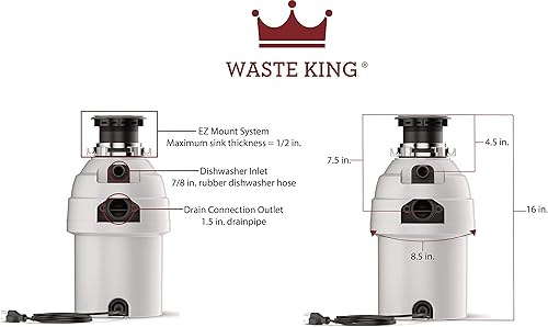 Miniatura 2 de Waste King Legend Series 1 HP Desecho de basura de alimentación continua con cable de alimentación  (L-8000) y kit de conector para lavaplatos de