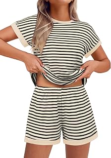 Ekouaer Women's Striped Waffle Knit Two Piece Set with Pockets Summer Lounge Shorts
