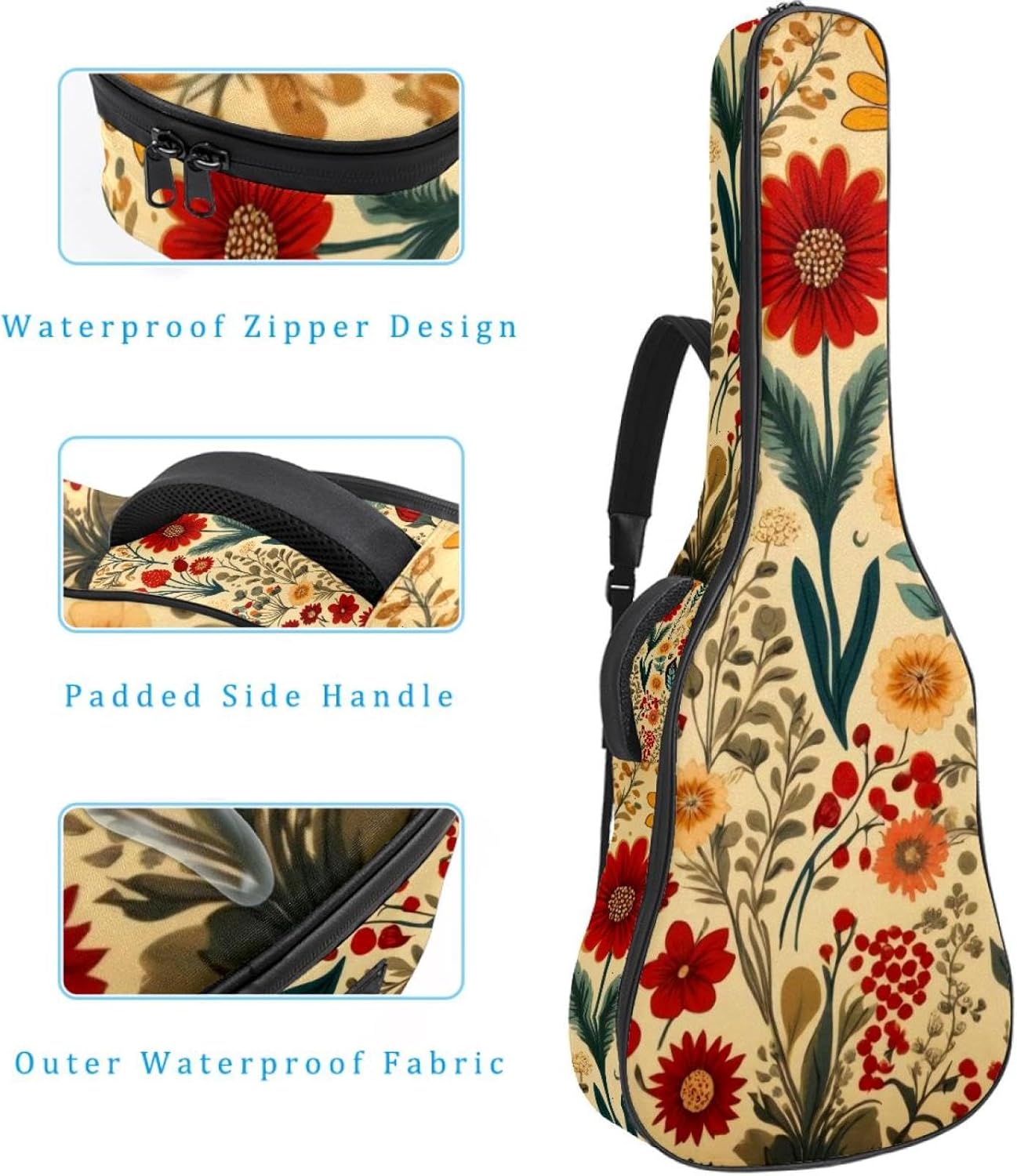 Acoustic Guitar Gig Bag 1 cm Thick Padding, Waterproof Electric Guitar Bag 40-42 Inch Guitar Case Backpack with Dual Shoulder Strap, Vintage Flowers Floral Pattern