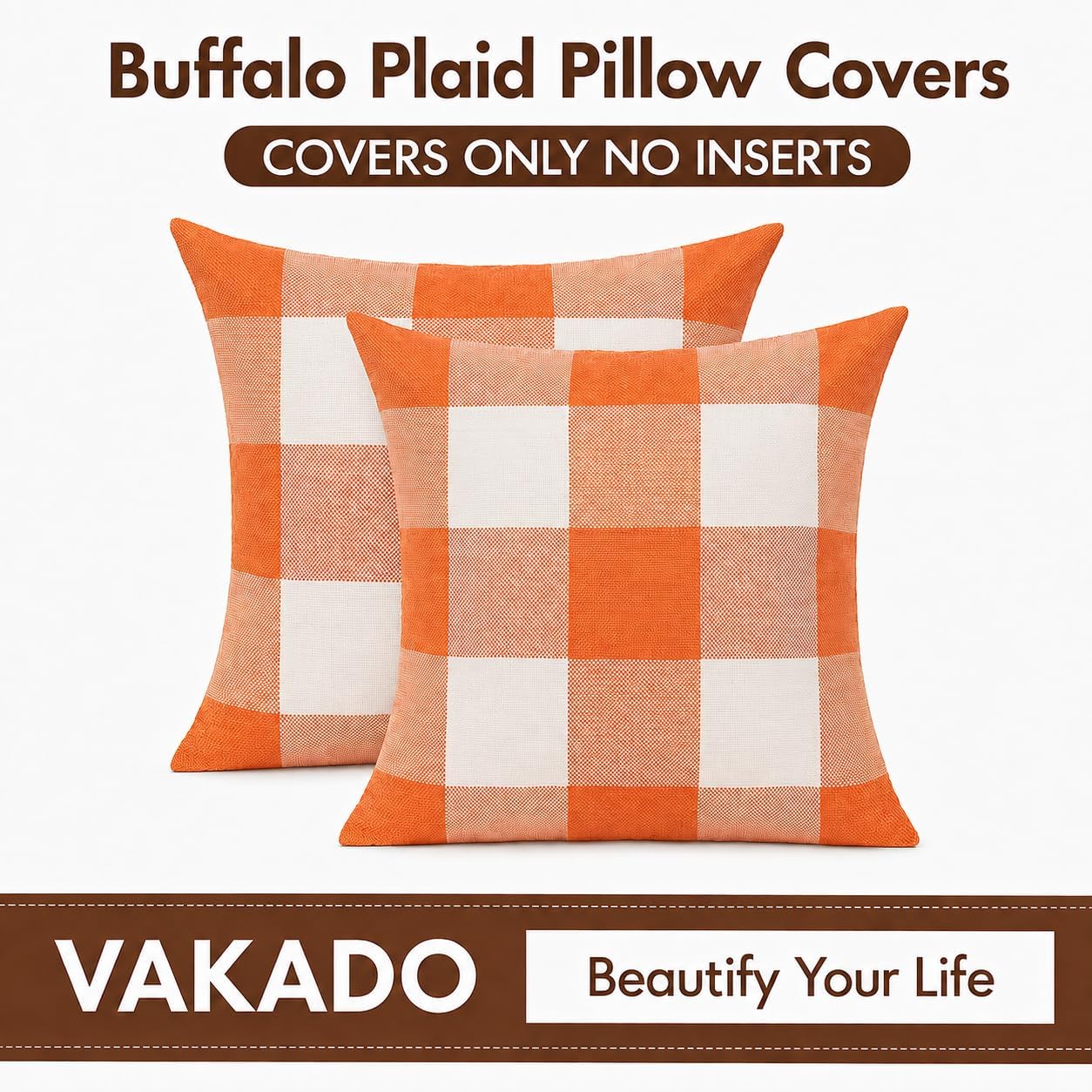 VAKADO Fall Outdoor Orange Throw Pillow Covers 18x18 Set of 2 Buffalo Plaid
