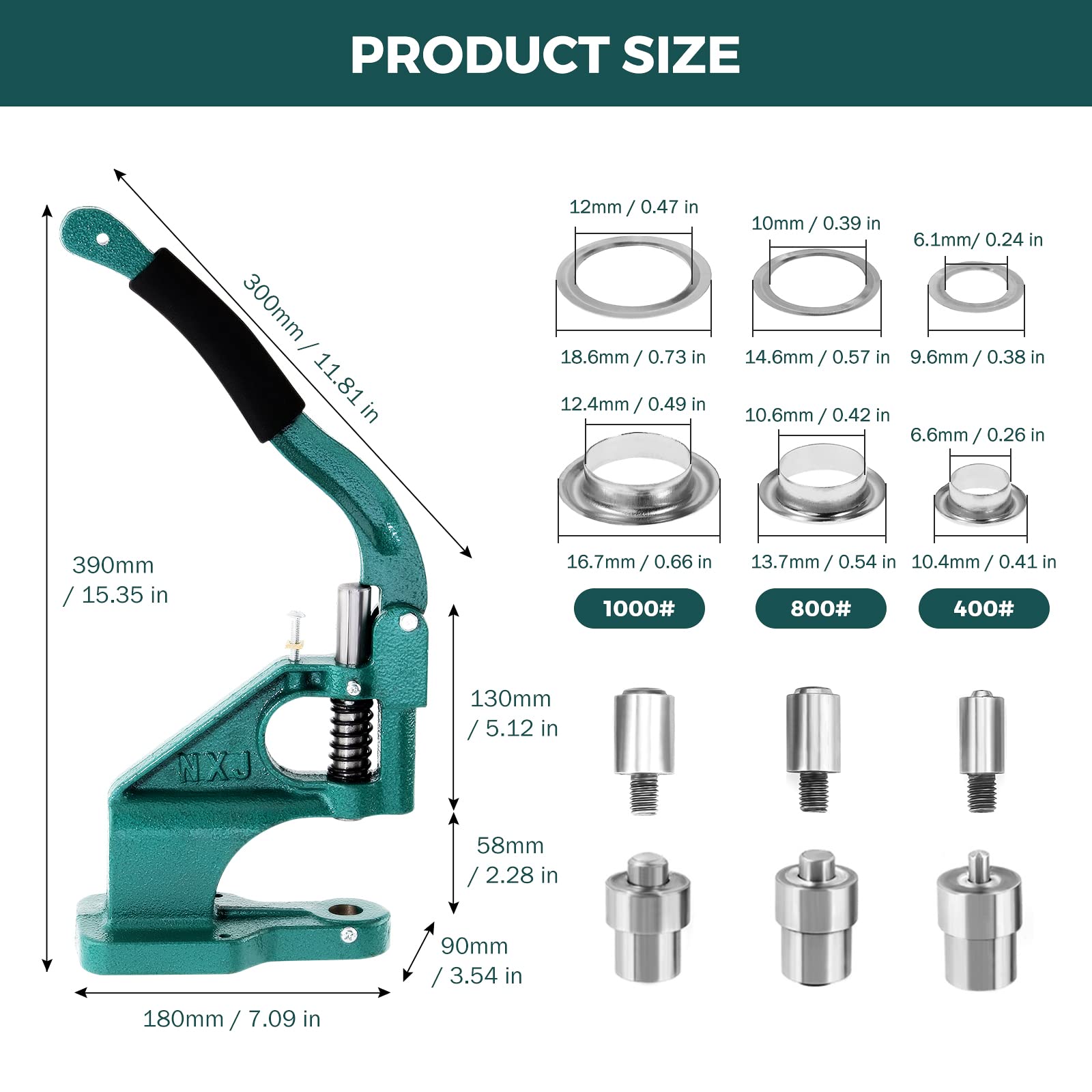 BEAMNOVA Kit di utensili per occhielli a mano, 1/4, 3/8, 1/2 pollici (6, 10, 12 mm), 1500 occhielli in argento