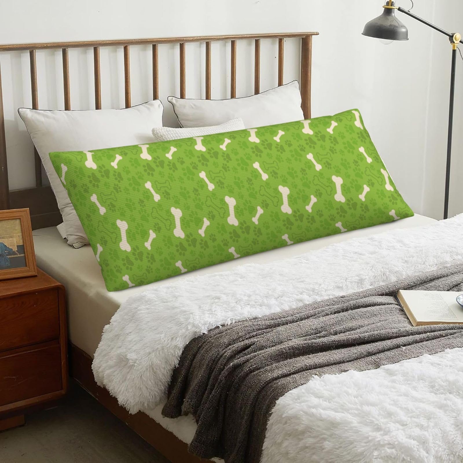 Green Dog Paw Bones, Body Pillow Cover with Zipper,Long Body Pillowcase 20 x 60 in