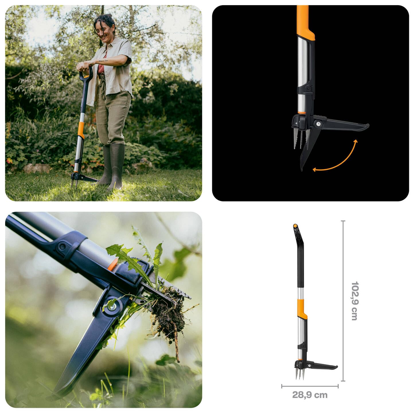 Fiskars X-Series Estirpatore per Erbacce, Utensile Telescopico con 4 Griffe in Acciaio Inox, Impugnatura a D, Fino a 120 cm, Sistema di Espulsione, Pedana Pieghevole, Nero/Arancione, 1082709