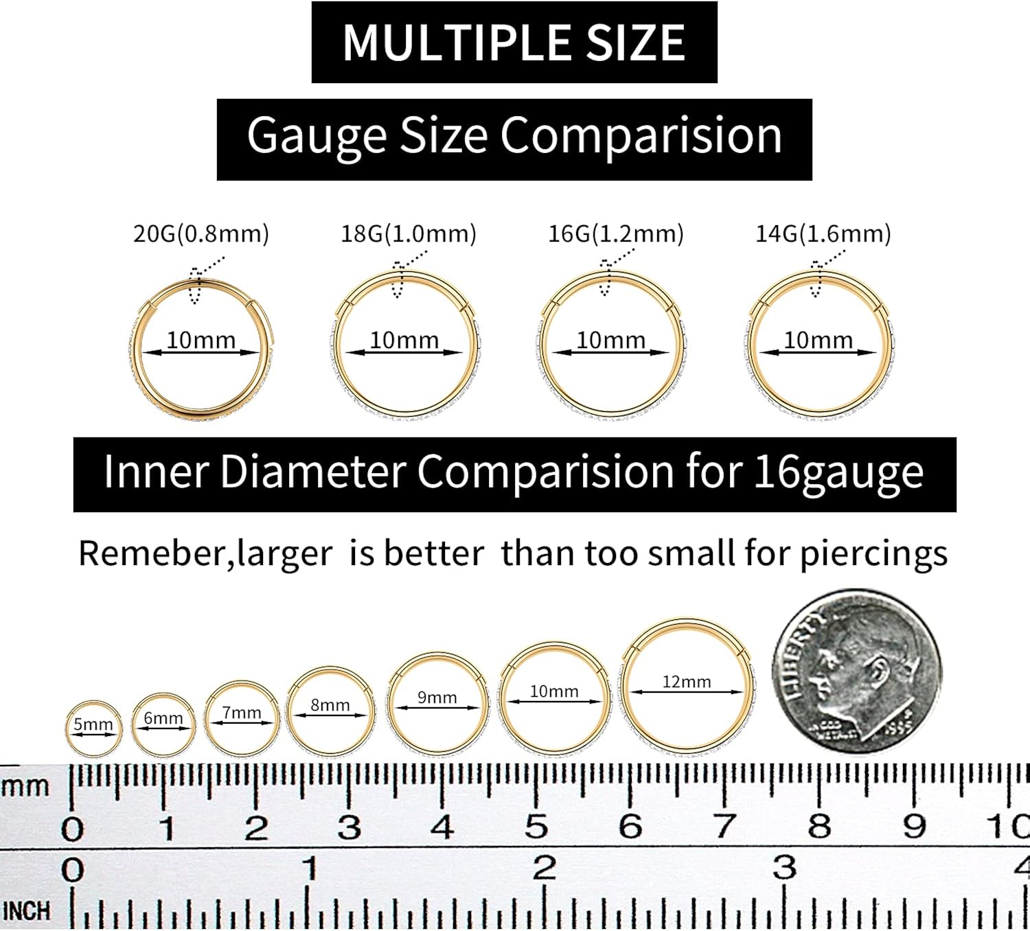 Miniatura 5 de FUNLMO - Aro de circonia cúbica y ópalo calibre 20G18G16G14G acero quirúrgico 316L aro para nariz tabique cartílago hélice trago joyería de piercing