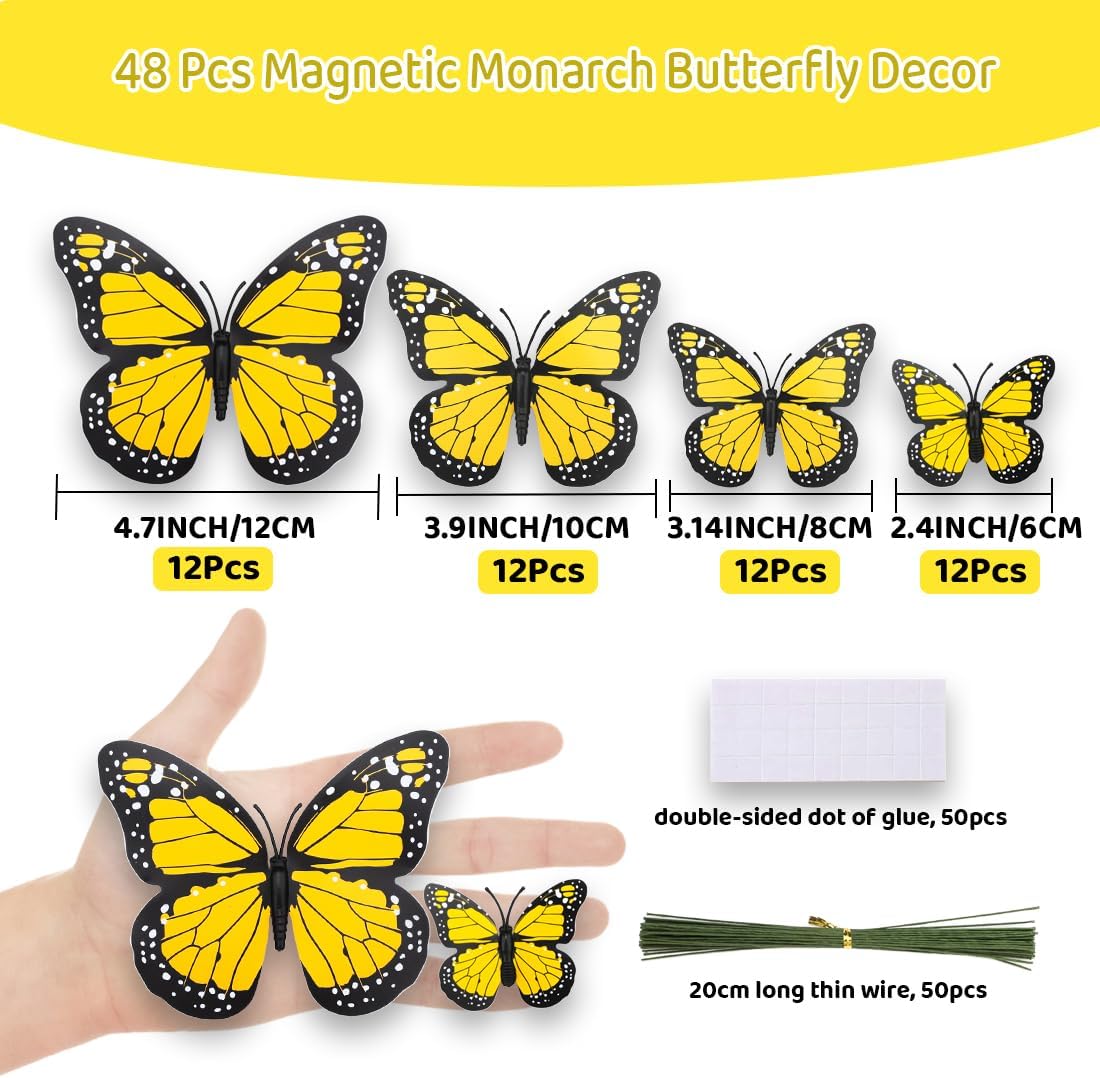 48 Yellow Monarch Butterfly Decor, 3D Butterfly Sticker Stakes Garden Decoration 4 Sizes Fake Butterflies Wall Decal for Home Wedding Party Christmas Decorations