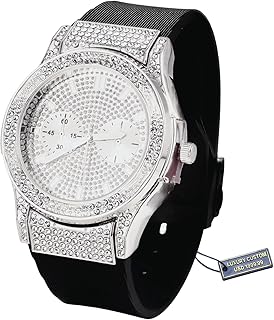 Montre en Or et Diamants Moissanite pour Hommes, Luxe Plaqué Or Réel 18k/Platine Or Blanc, Étanche, Faux Cadran à Double Calendrier avec Iced Out, Bracelet Noir Réglable,Boîte Cadeau Incluse