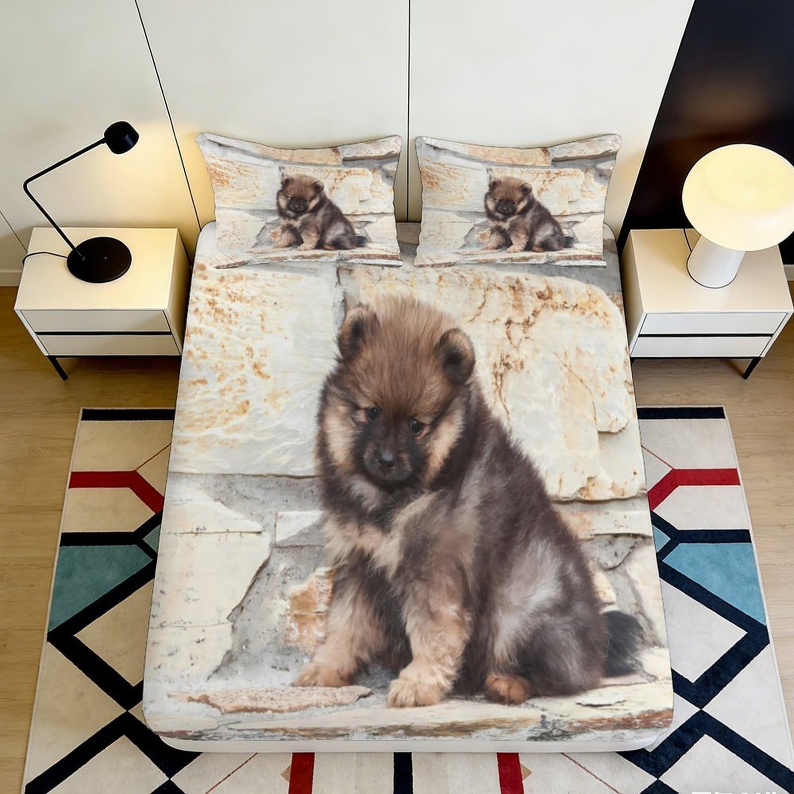 3D Printed Puppy Art Fitted Sheet Microfiber Soft Cozy Dog Illustration Mattress Cover for Bedroom Guest Room Decor 90x200x25cm