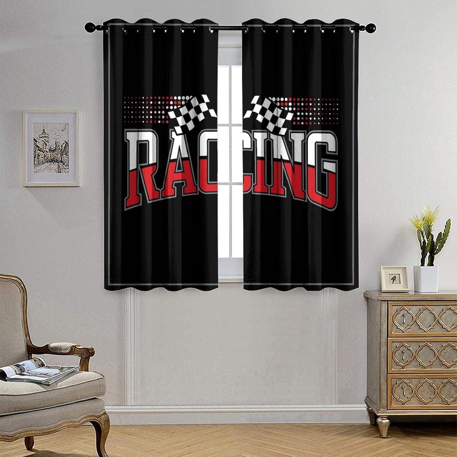 Abstract Racing Flag Blackout Curtains for Living Room,Cool Sports Theme Red Race Car Plaid Checked Flag Grommet Thermal Insulated Room Darkening Curtains 54L x 21W,2 Panels