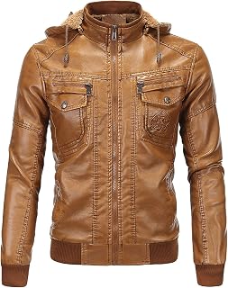 Arestory Men's Hooded Bomber Jacket Faux Leather Motorbike Coat Motorcycle Jackets Moto Biker Trucker Coats Vintage Biker Leather Outwear Windproof Waterproof Hoodie Cardigan Blazer Warm Windbreaker