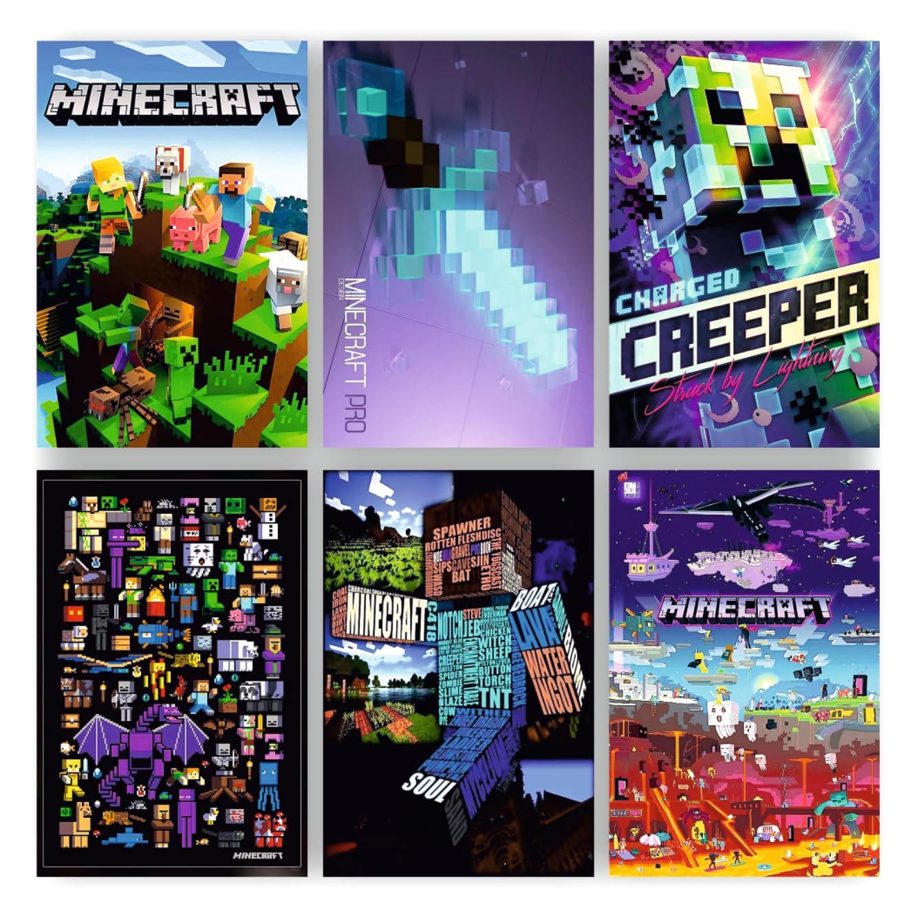POSTER WALLAH Minecraft Poster for Home Office and Student Room Wall | Aesthetic Poster | Wall Decor (12x8 Inch) Set of 6 Pieces