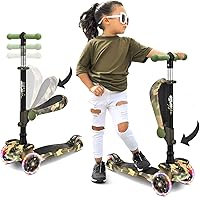 Vista 9 de Hurtle Patinete de 3 ruedas para niños, luces LED de ruedas, manubrio ajustable de inclinación para dirigir y asiento plegable, paseo sentado