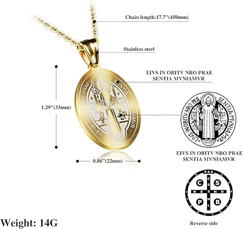 Miniatura 2 de LBFEEL Medalla de San Benito de acero inoxidable con colgante de medalla de santo católico de oro para hombres y mujeres con una caja de regalo