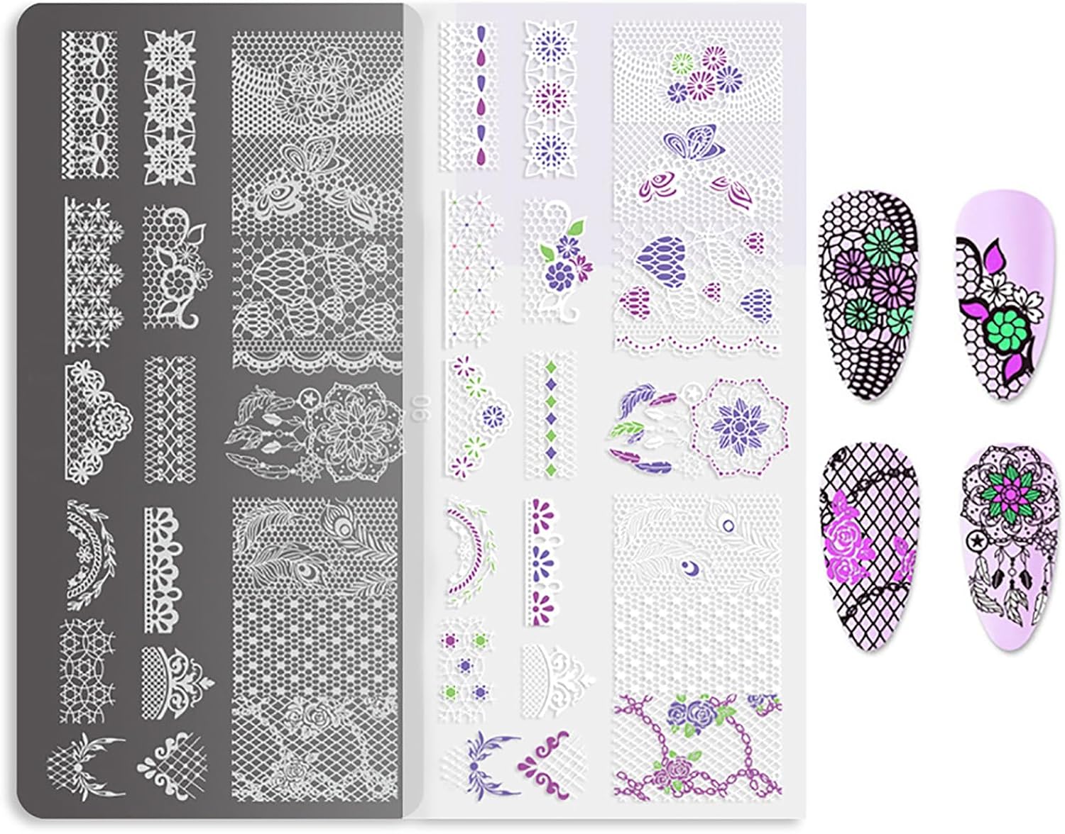 Lace Nail Stamping Plate Set, 5PCS Nail Art Stamp Kit with Silicone Nail Stamper & Scraper, Nail Plate Stencils for Nail Art, Nail Design Tools for Nail Techs Home Salon Use