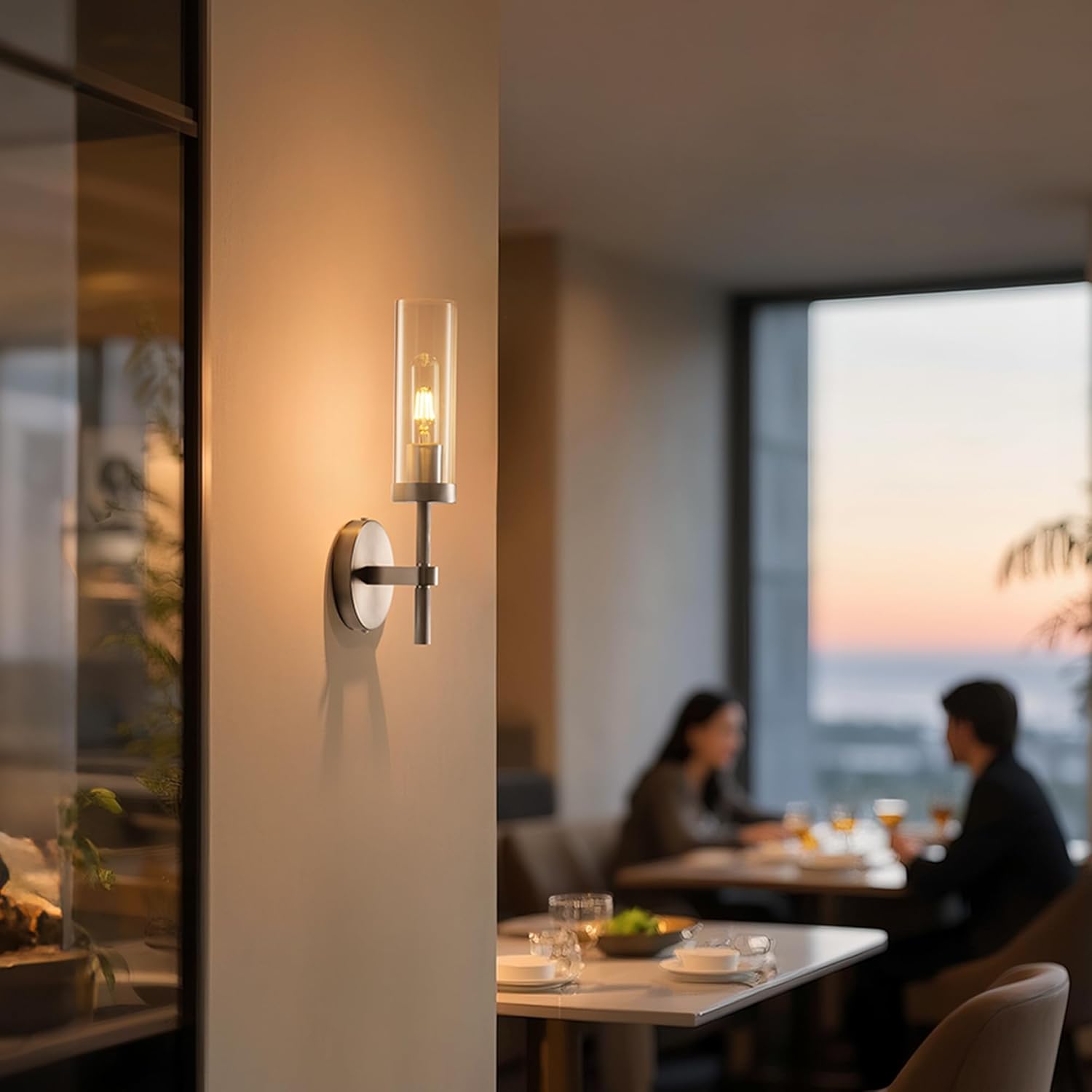 Solid Brass Wall Sconce - E26 Base Brushed Nickel Modern Wall Light, Clear Glass Shade, Easy Install for Living Room, Bedroom, Reading, Hallway (Bulb not Included)