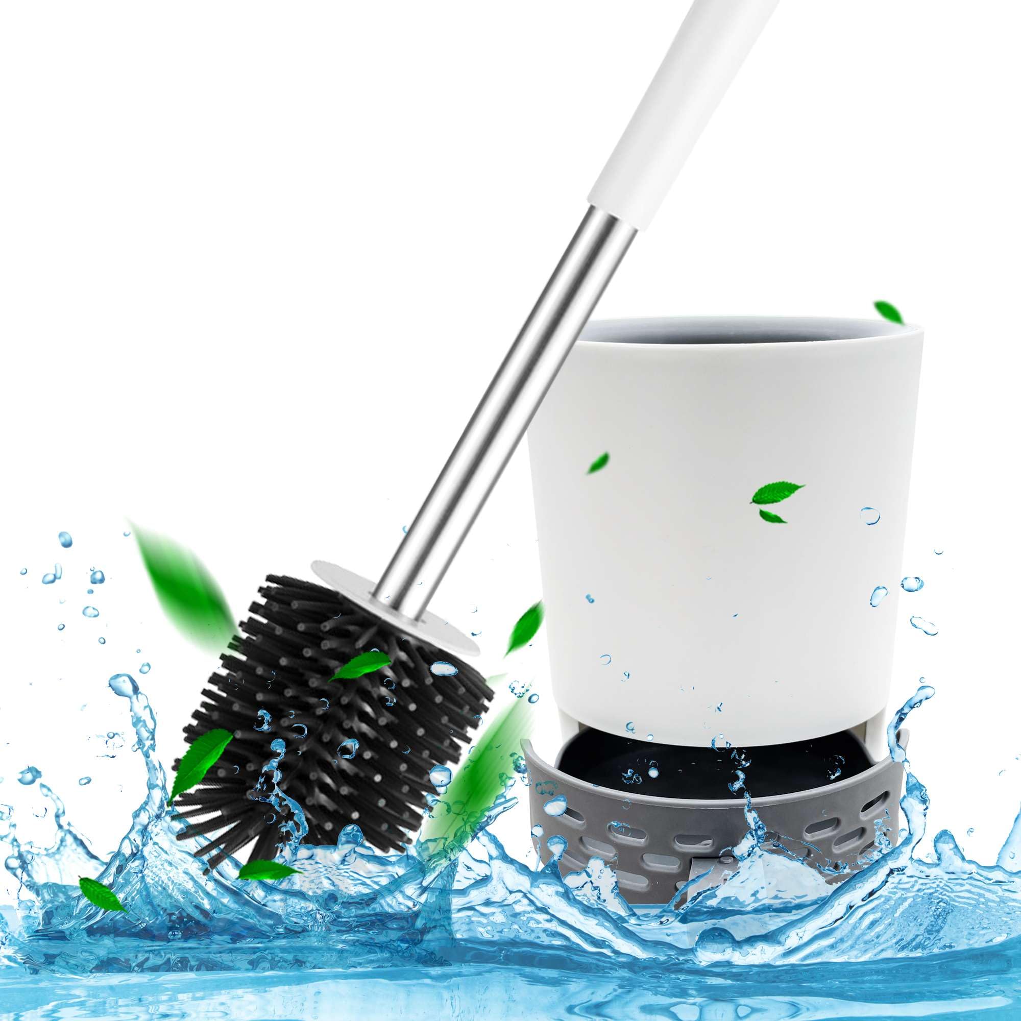 Toilet Brush with Drainage Holder Set,Flex Silicone Anti-Clog Anti-Drip Brush Head, White/Grey Colour with Stainless Steel Handle, 1-Pack