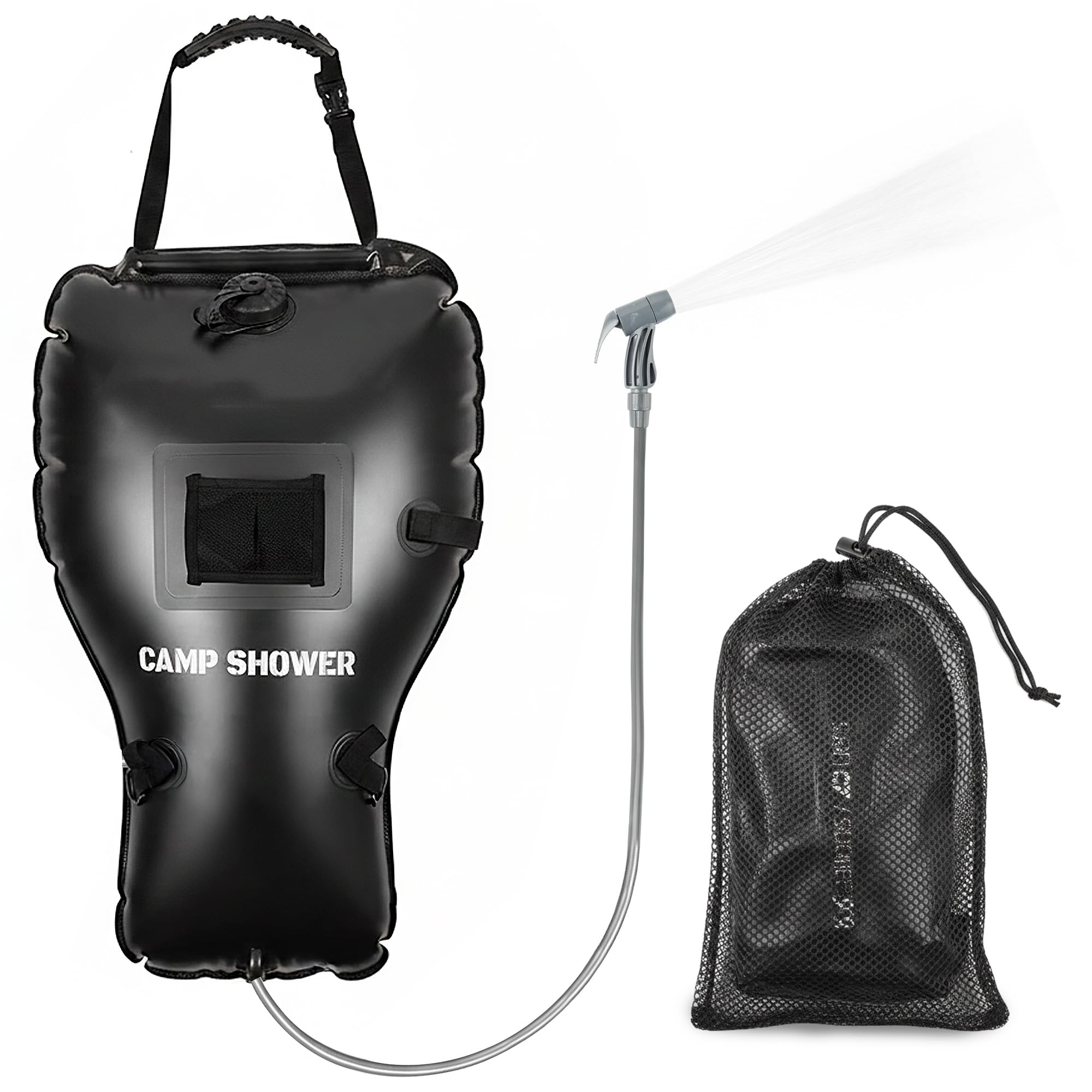 Doccia portatile per campeggio con grande flusso d'acqua da 25 litri, borsa da doccia da campeggio, accessori con tubo rimovibile e soffione per doccia commutabile on-off per escursionismo