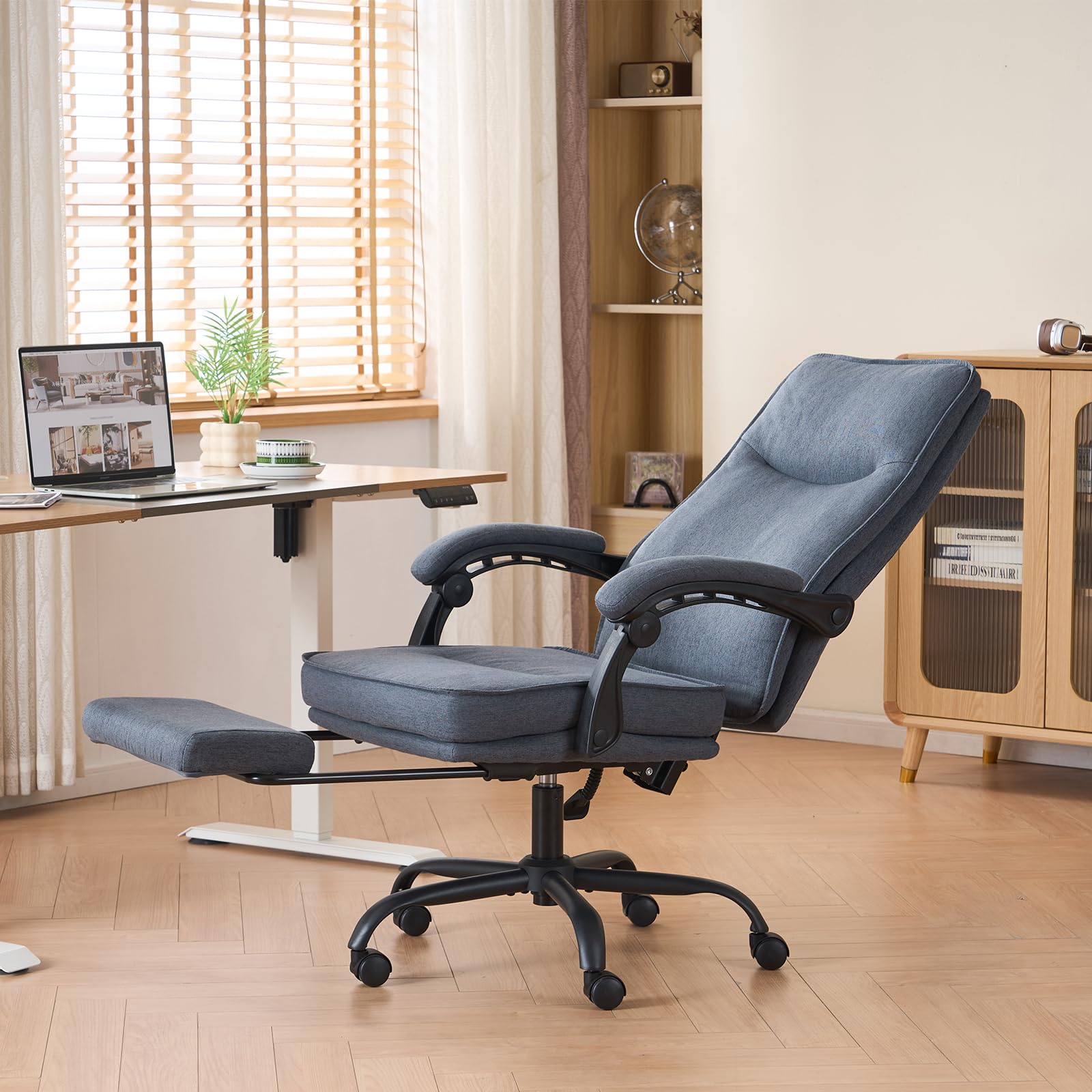 MZLEE - Sedia ergonomica da ufficio, da scrivania, poltrona direzionale, sedia da computer, con poggiapiedi e schienale regolabile, 90-135°, per casa, ufficio, blu navy, tessuto 150 kg