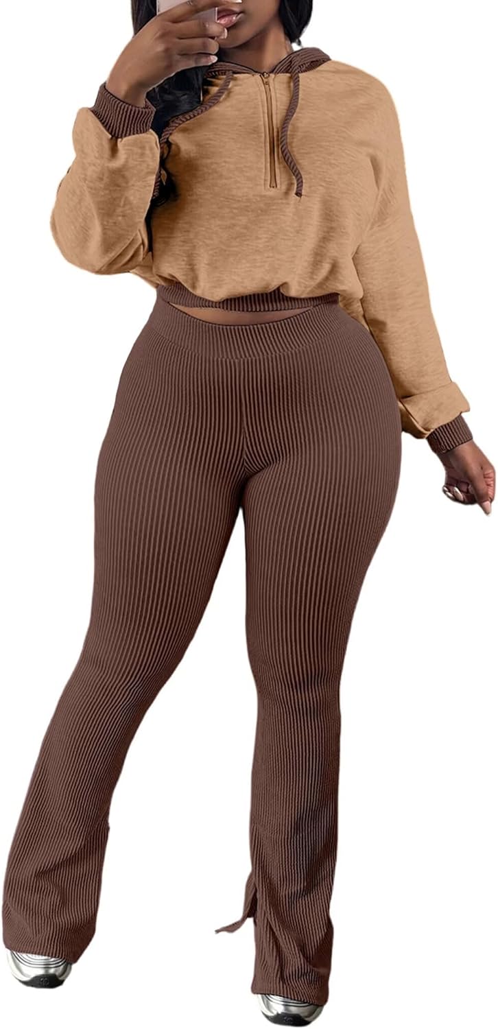 Womens 2 Piece Sweatsuits Long Sleeve Zip Up Hooded Striped Legging Pants Set Tracksuit Jogger Outfits