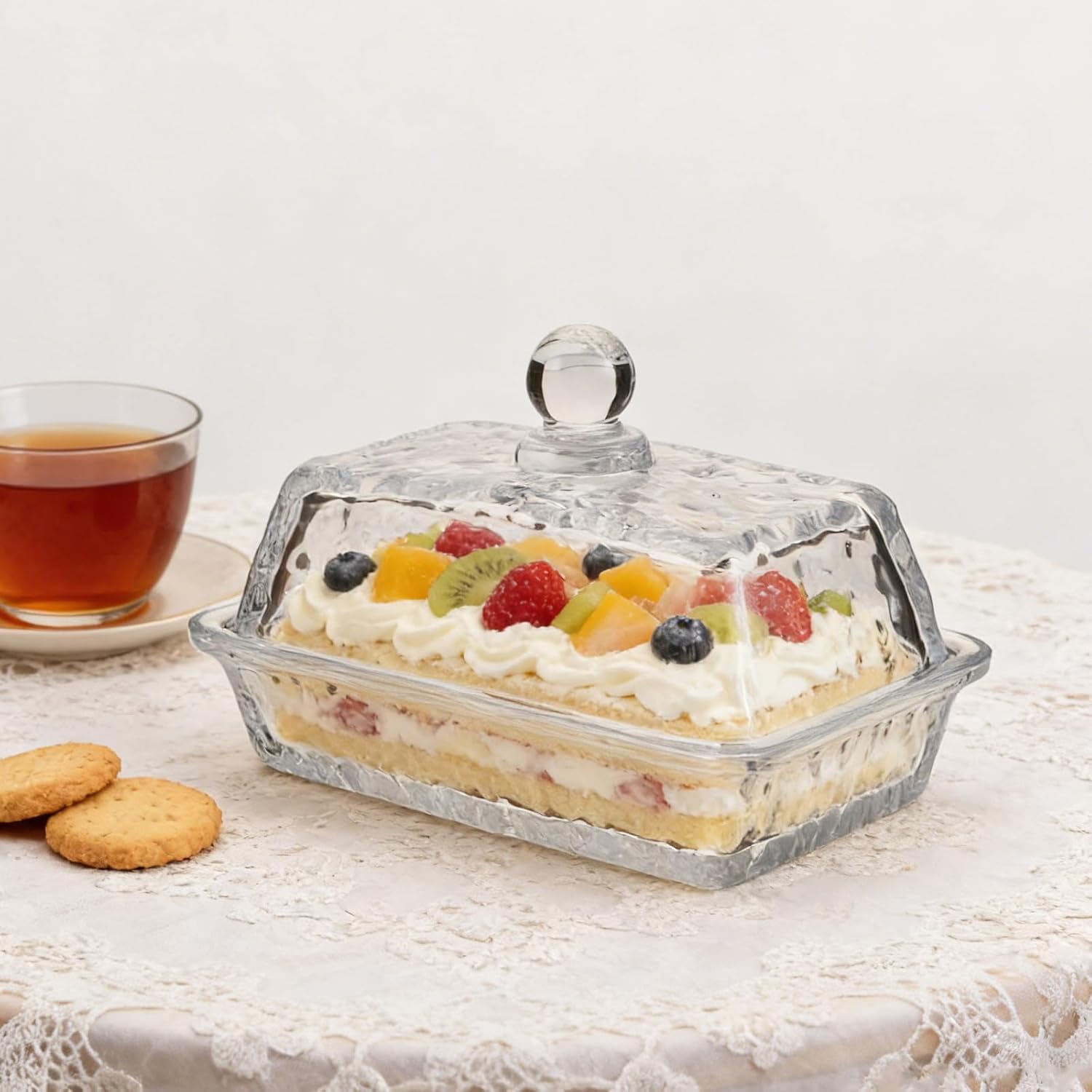Glass Butter Dishes with Lid, Mini Butter Keeper Container, Clear Serving Storage Dish, Rectangle Crystal Small Cake Cloche for Jelly, Jam, Candy