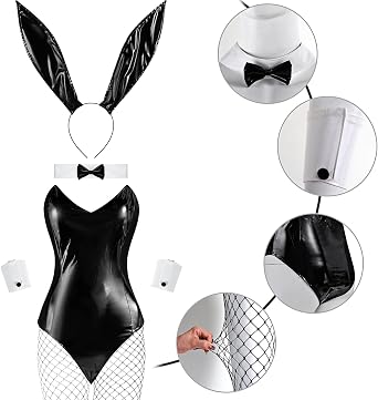 BBTO 9 Pcs Bunny Outfit for Girl Halloween Tails Bodysuit Stockings Rabbit Costume Set for Women Party Bunny Suit