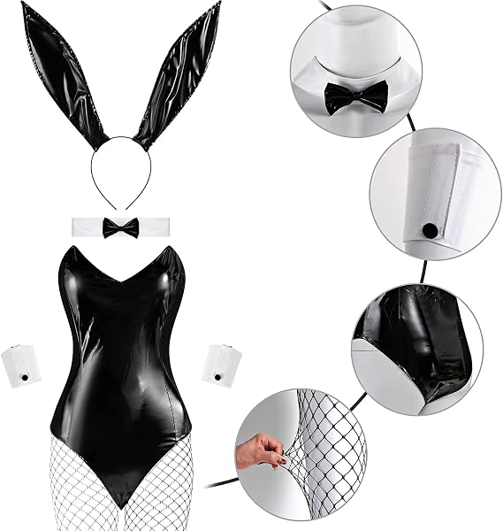 BBTO 9 Pcs Bunny Outfit for Girl Halloween Tails Bodysuit Stockings Rabbit Costume Set for Women Party Bunny Suit