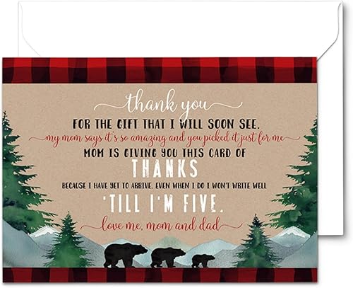 Mama Bear - Tarjetas de agradecimiento para baby shower con sobres (paquete de 25) mensaje preimpreso de bebés niños con espacio personalizable para
