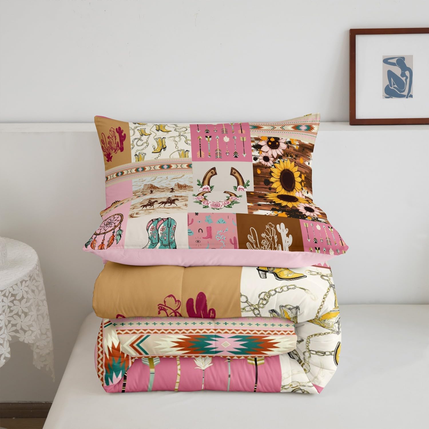 Erosebridal Pink Western Bedding Wild Desert Boho Arrow Print Comforter Set, Dreamcatcher Sunflower Decorations Twin Size Bedding Set for Lady Women Cowgirl Horseshoe Aztec Grid Quilt 2Pcs