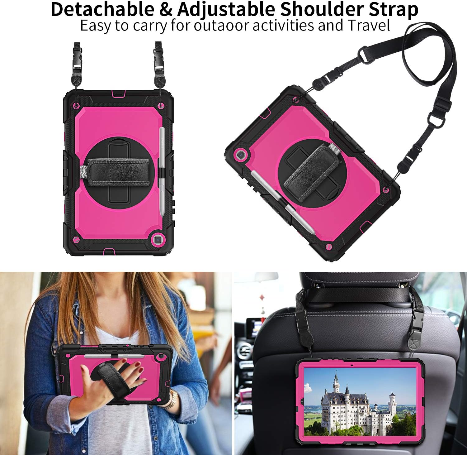 Herize Case for Galaxy Tab S6 Lite 2022/2020 Model SM-P610/P613/P615/P619 with Pen Holder Screen Protector | Full-Body Rugged Protective Case W/Shoulder Strap for Samsung S6 Lite 10.4 Inch | Rose