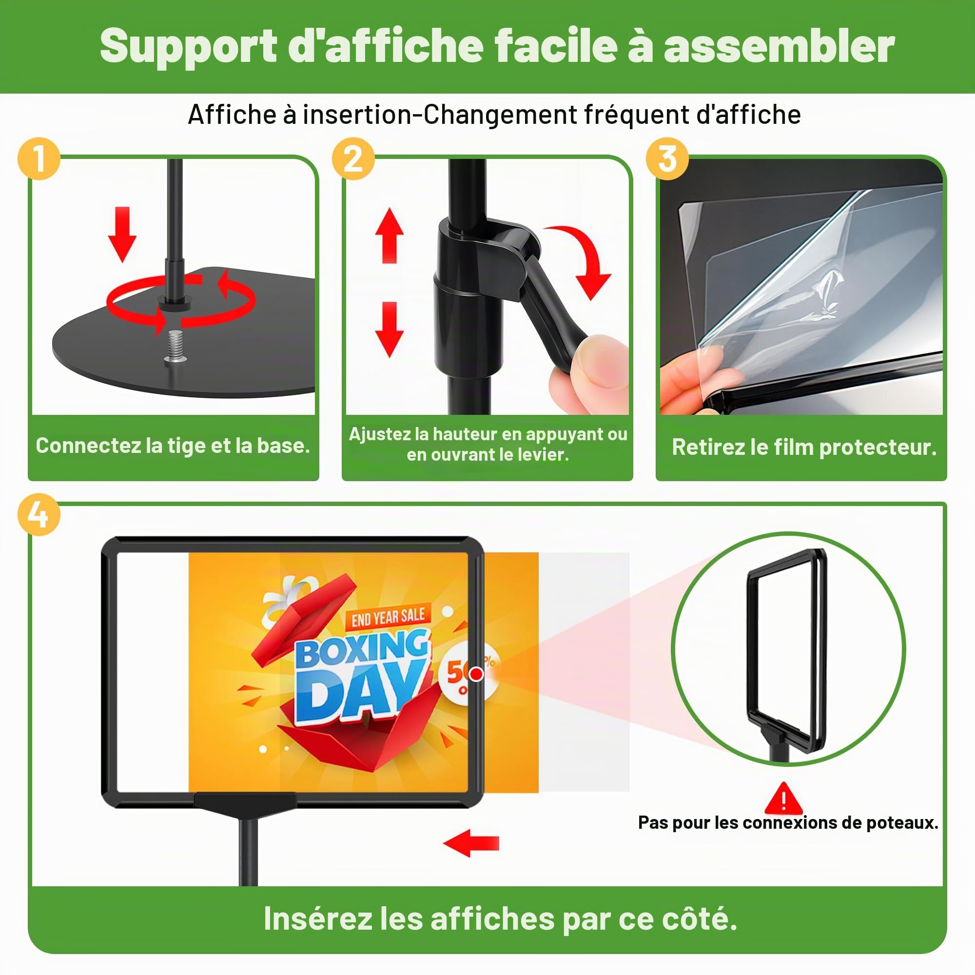Lot de 4 Porte Affiche A4 sur Pied Réglable - pour Comptoir et Sol - Présentoir Métallique - Supports de Signalisation pour Menu, Publicité, Signalisation, Magasin et Bureau