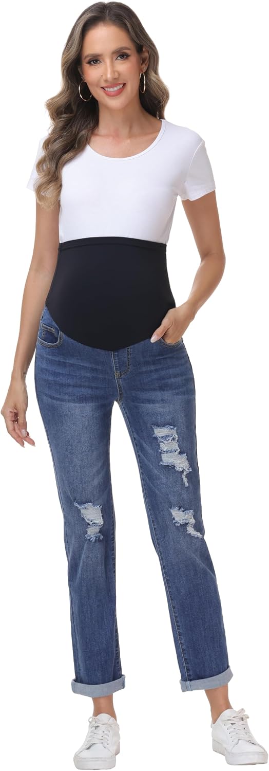 Foucome Women's Maternity Jeans Straight Leg Boyfriend Jeans