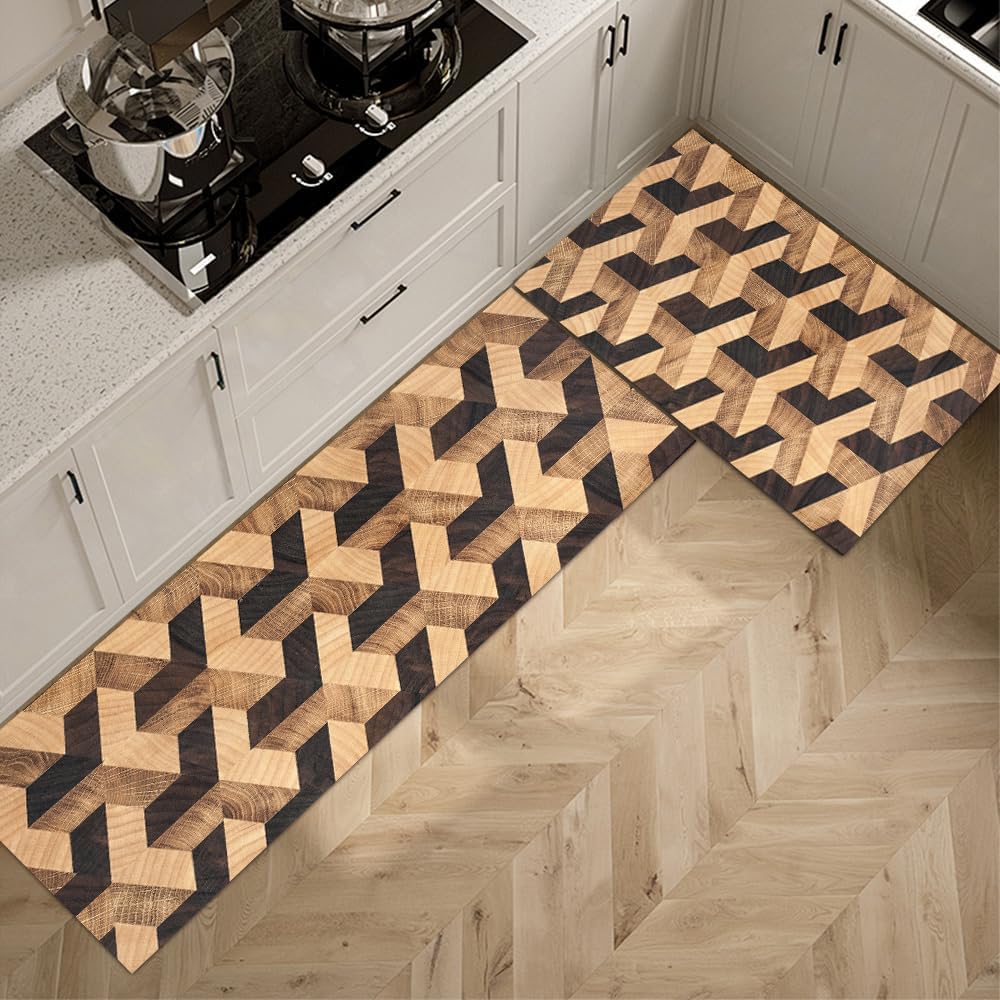 GUBIYU Kitchen Mat Sets - 3 Piece Water Absorbent Floor Rugs with Wood Print, Non Slip Entrance Runner, Farmhouse Laundry Throw Mats - Machine Washable Carpet Set for Indoor/Balcony