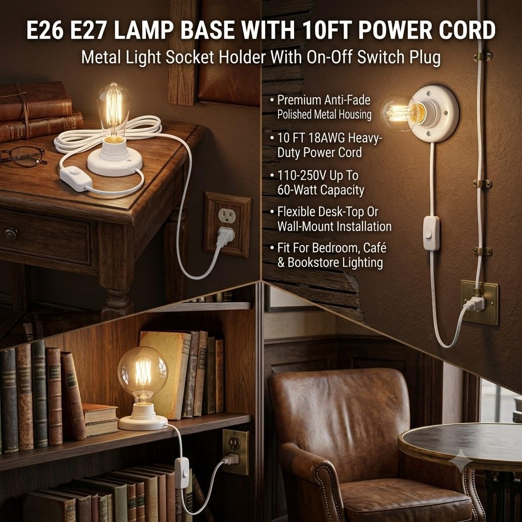 2Pcs Desktop Lamp Base Light Base Socket for E26 E27 Screw Light Bulb Socket Holder Base with 10 Feet Cord on Off Switch Plug for Holding Bulb for Your Night Light