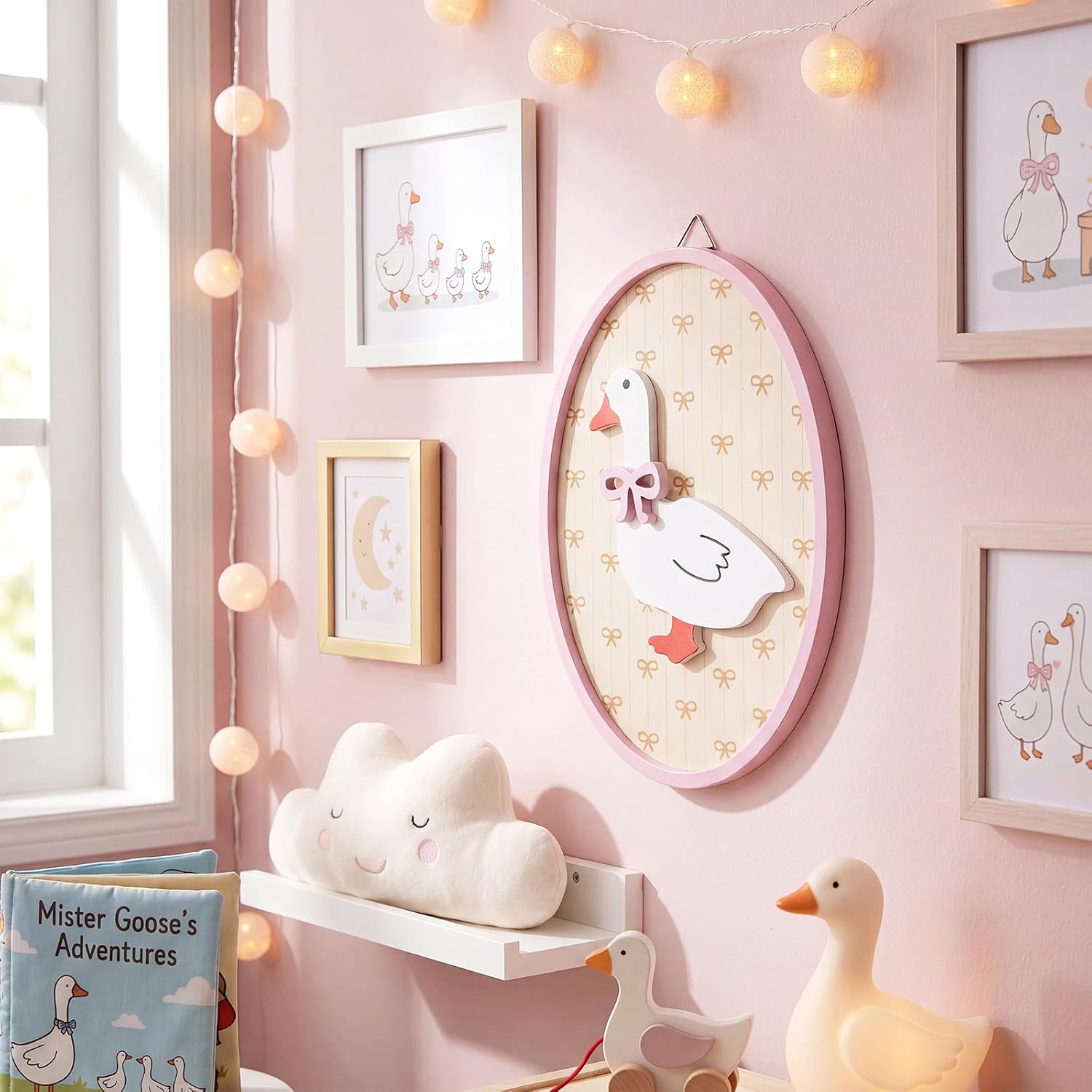 Mifoci Pink Silly Goose Nursery Wall Decor One Silly Goose Oval Wall Art 7inch Wooden Cute Geese Birthday Decoration Gender Reveal Party Favors for Boy Girls Coquette Nursery Room Decoration