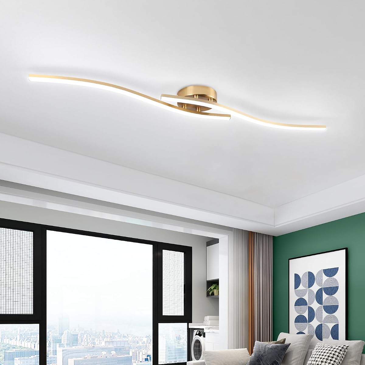Hlilceh 28W Linear Ceiling Light Gold Modern Led Ceiling Light Fixture 6000K