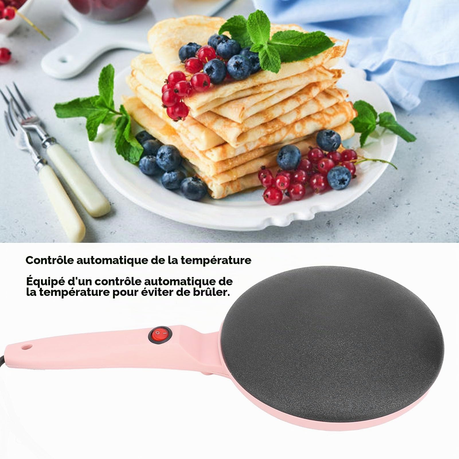 Crêpière électrique Generic, Boulanger Compact Portable, Contrôle Automatique de la Température, Revêtement Antiadhésif de 8 Pouces, Crêpière avec Fouet à œufs, Rose, Plastique, Prise européenne 220 V