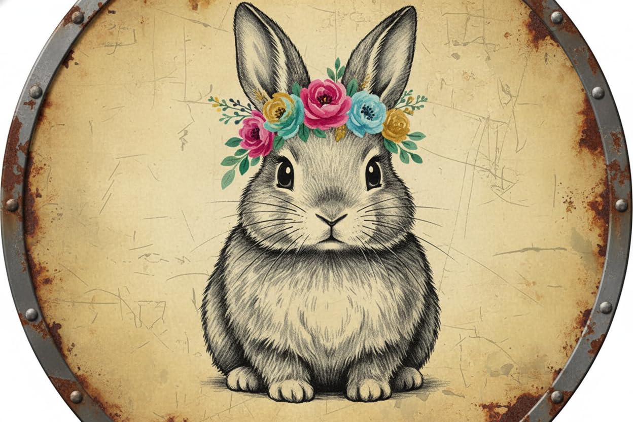 Bunny Rabbit Round Metal Tin Sign Spring Decor Easter Wall Art Vintage Art for Home Farmhouse Kitchen Living Room 12x12inch