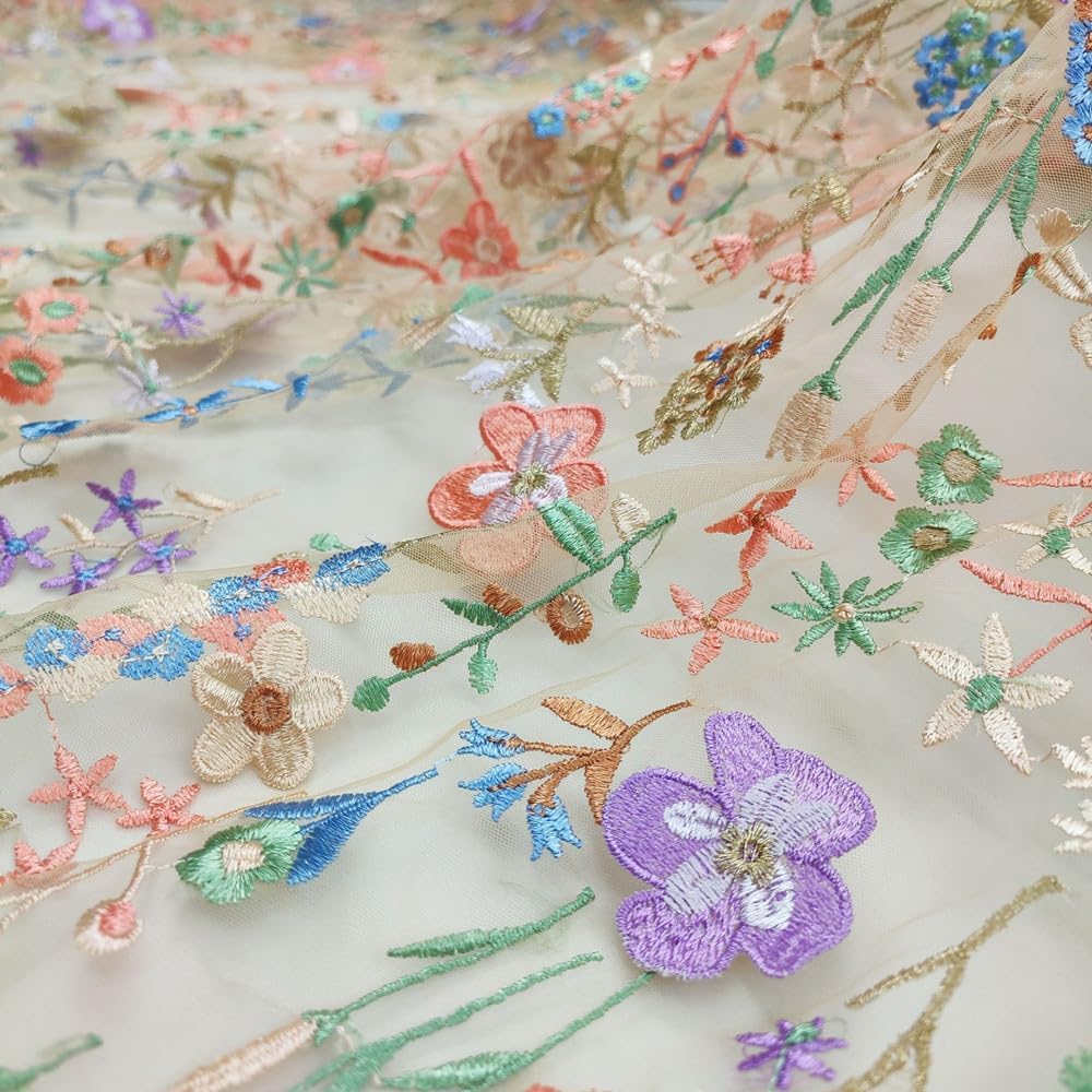 Embroidered Lace Fabric, Width 59" Colorful Floral Mesh Embroidery Fabric by The Yard, Soft Mesh Lace Fabric for Sewing DIY Custom Clothes Party Dress Home Decoration (White,2 Yard)