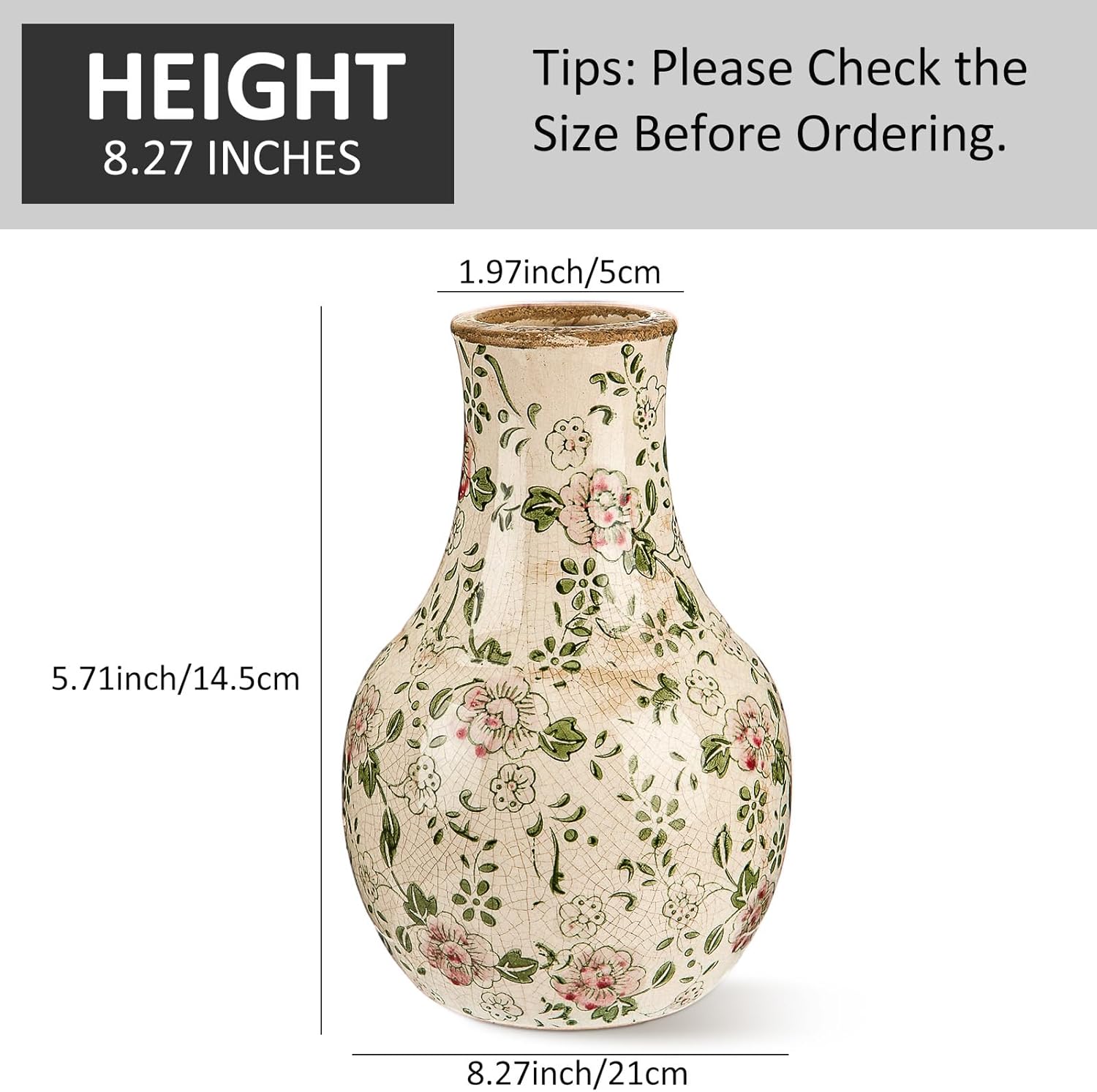 LemonRoad Vintage Ceramic Flower Vase 5.7 Inch Chinoiserie Ice Cracked Glaze Porcelain Vase Rustic Ceramic Large Centerpieces for Home Table Living Room Bookshelf Office(Plum Blossom Style)