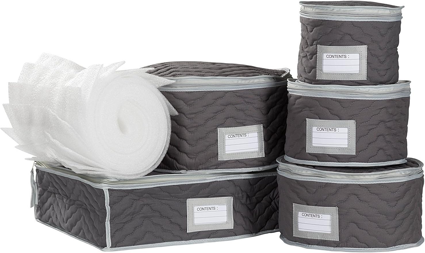 China Tea Cups and Plates Storage Set - Deluxe Quilted Microfiber – Grey, with Braidz Foam Padding