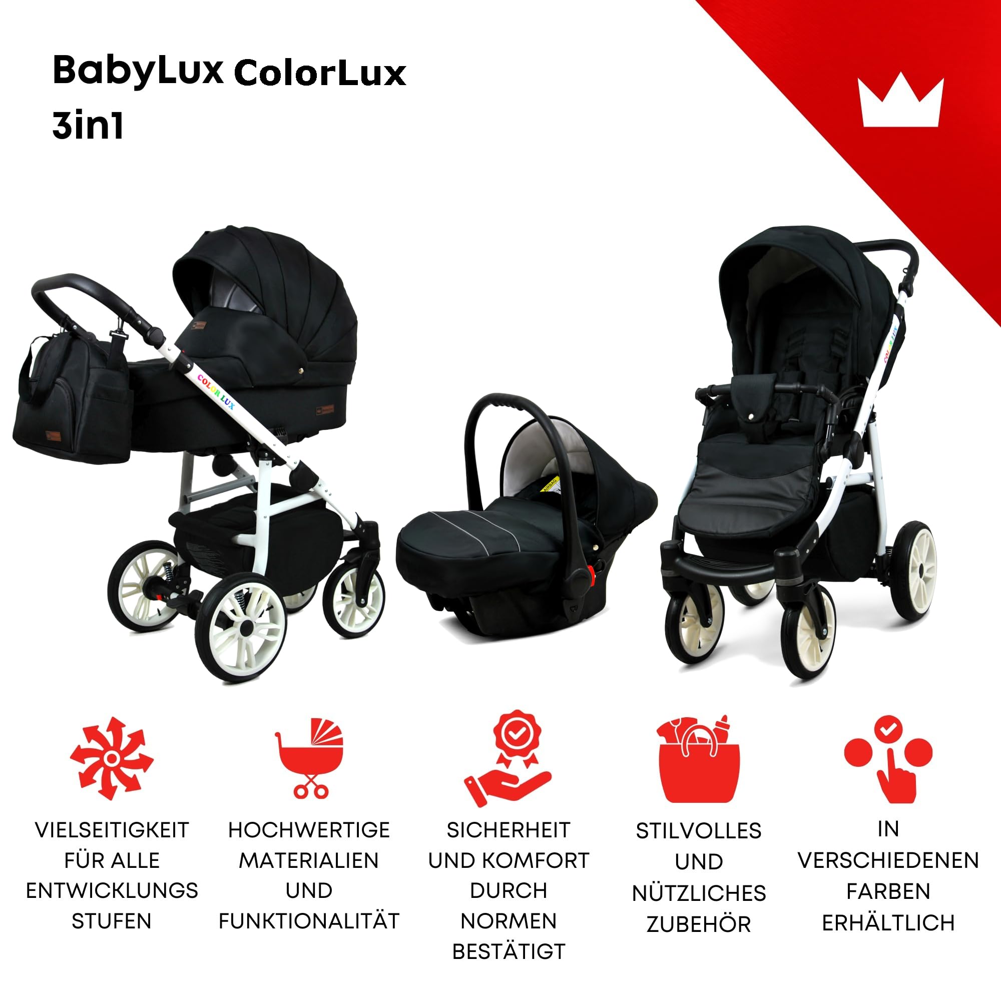 BabyLux® Kinderwagen Set 3 in 1 - Color Lux - incl. Babywanne, Buggy Sportsitz, Auto-Babyschale - Autositz - Kinderwagenset - Kombikinderwagen mit Wickeltasche, Regenschutz usw.