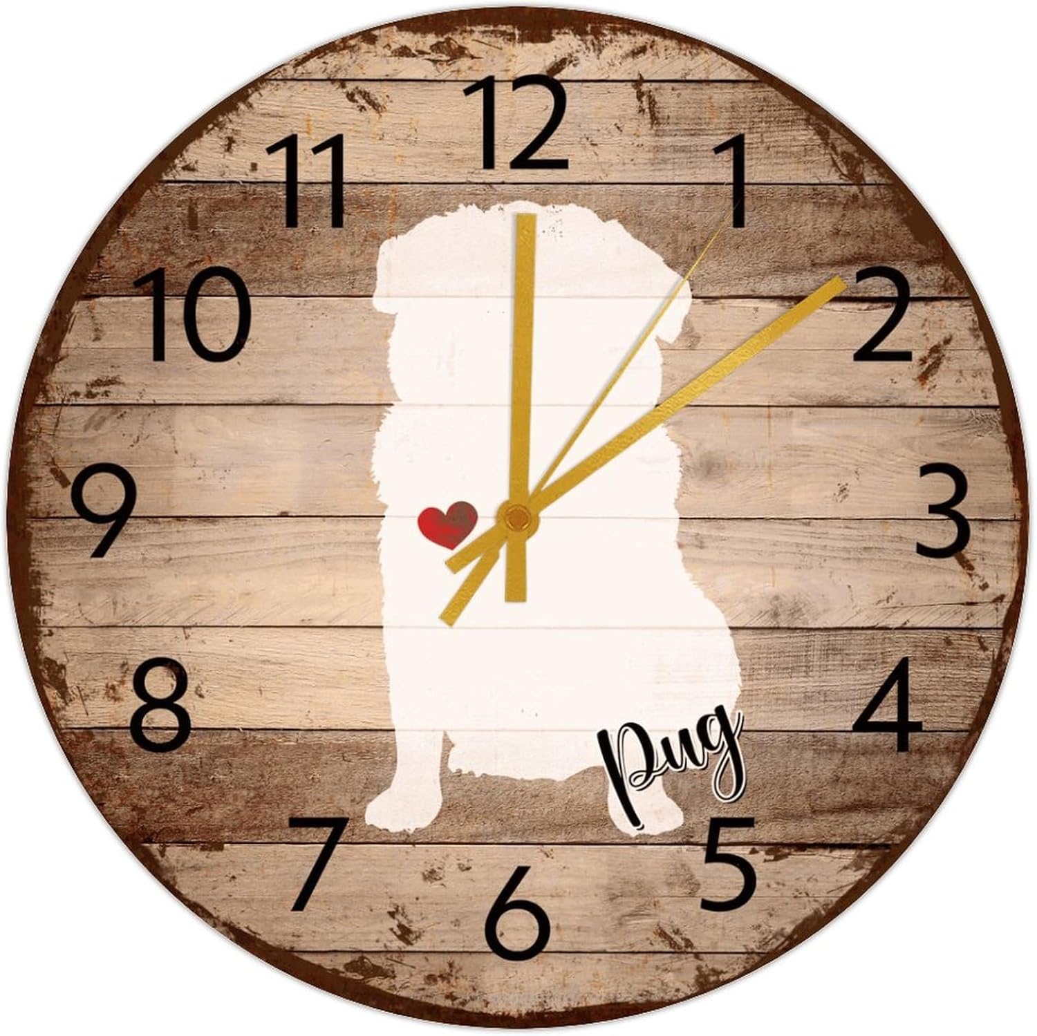 Silent Wall Clock Non-Ticking Quartz Battery Operated Pug Vintage Wall Clocks Animal Lovers Dog Silhouette Wooden Wall Decor for Restaurant Kids Room Cabin 15 Inch