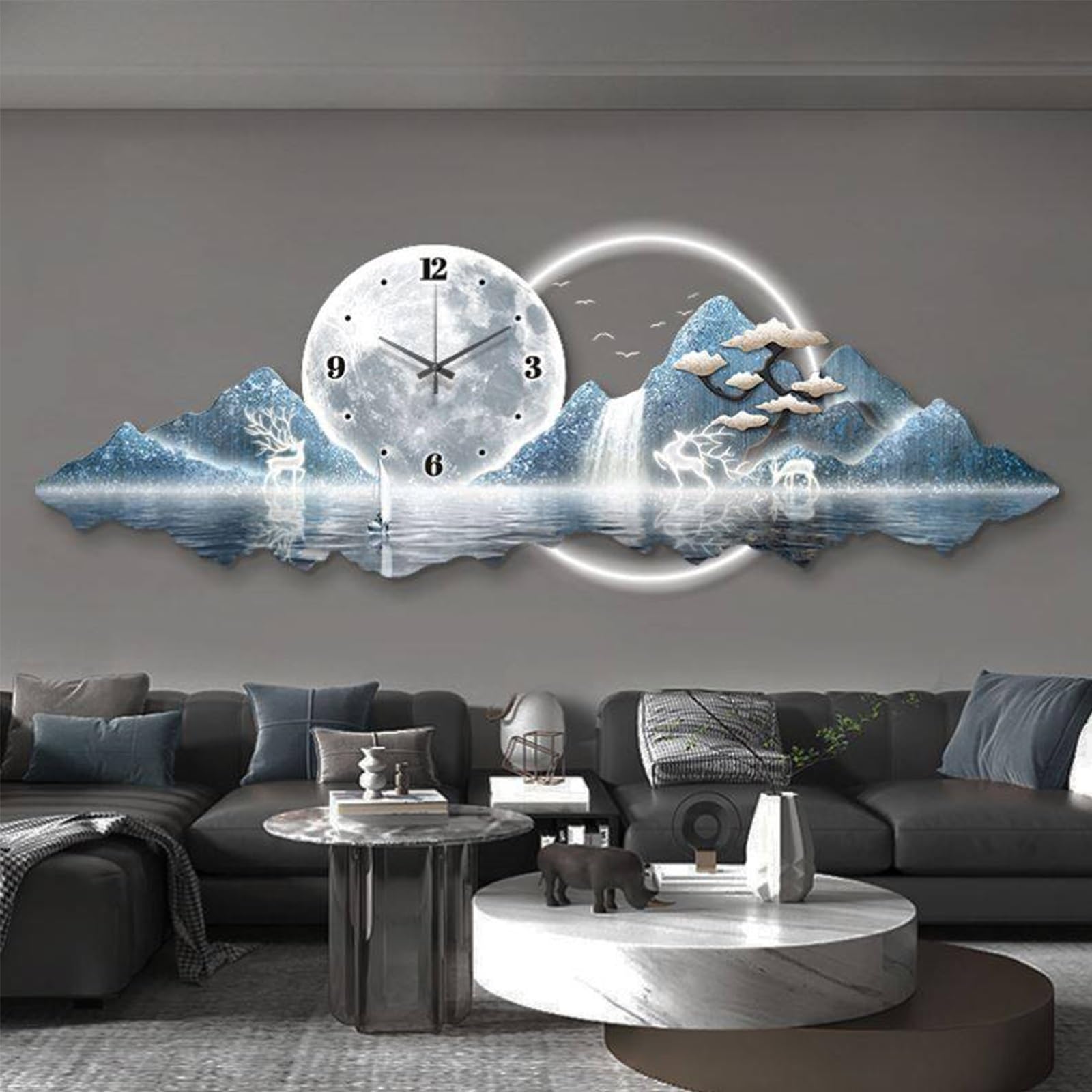 Orologio decorativo da parete 3D con luce LED, grande scultura da parete blu e oro con quadrante a trama lunare, silenzioso, decorativo da appendere alla parete per soggiorno, camera da letto e