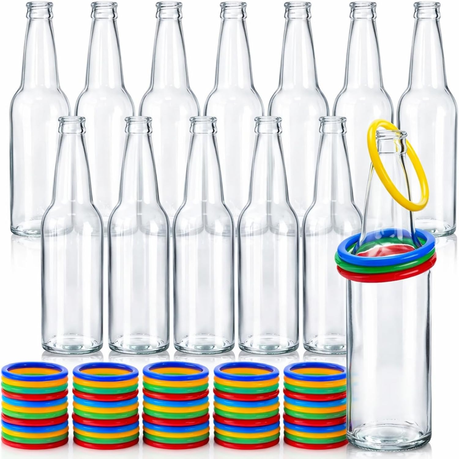 72 Piece Ring Toss Game Set, Includes 12 Pack Fun Target Glass Bottles and 60 Pieces Plastic Colorful Rings, Outdoor Carnival Party Toss Game Accessories for Family Backyard Sport Activity
