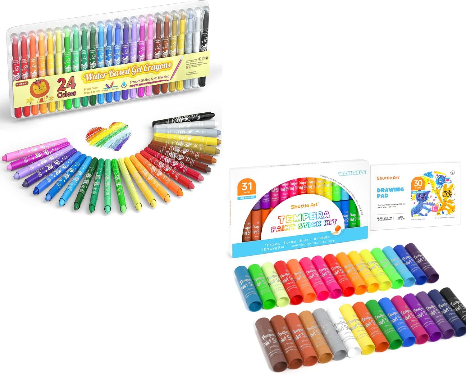 Shuttle Art Paint Stick Bundle - 30 Colors Tempera Paint Sticks + 24 Colors Gel Crayons