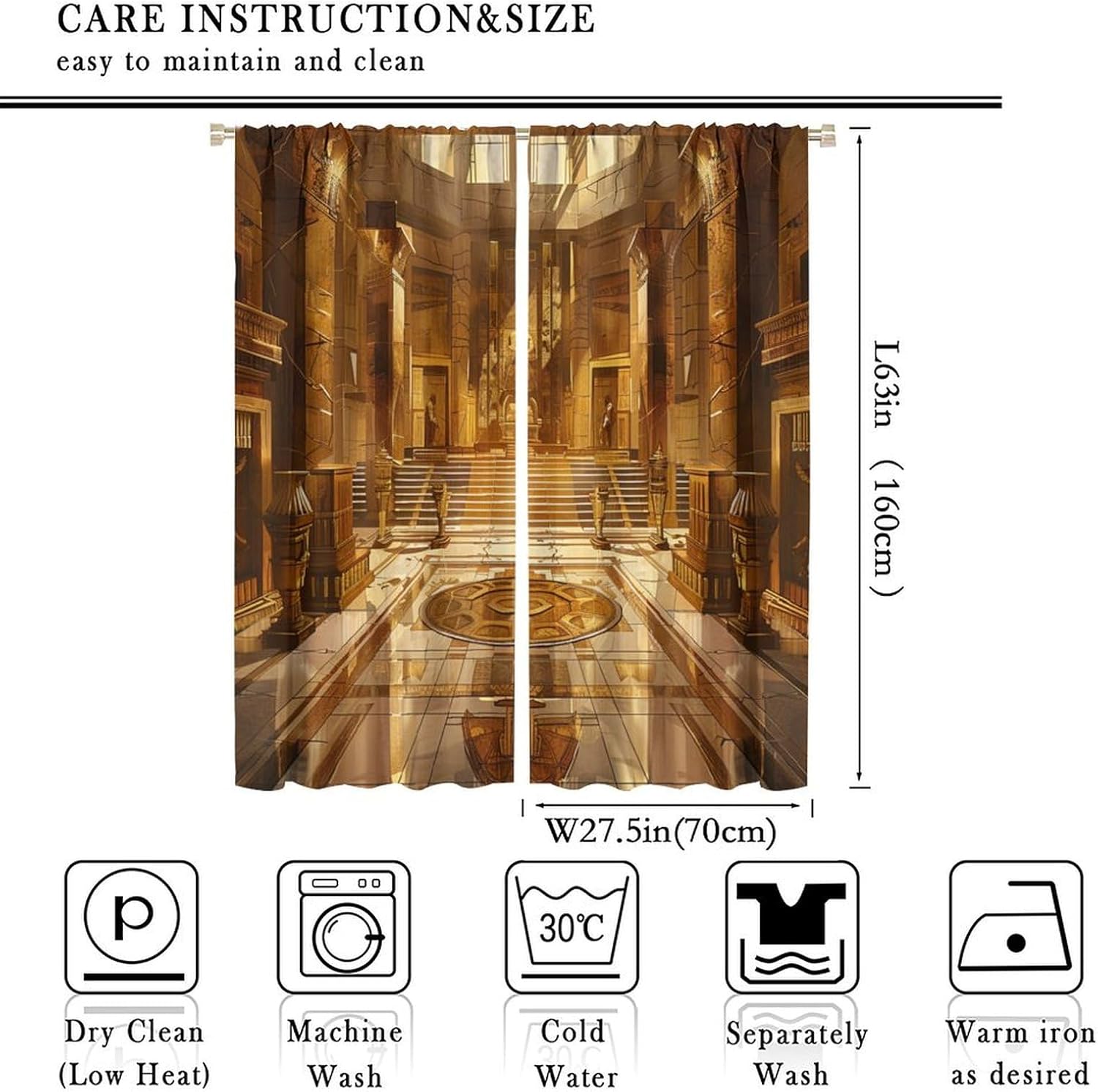 Glam Egyptian Building Blackout Curtains, Palace Golden Architecture Home Decor Rod Pocket Window Drapes for Living Room Bedroom- 2 Panels 55" W x 63" L