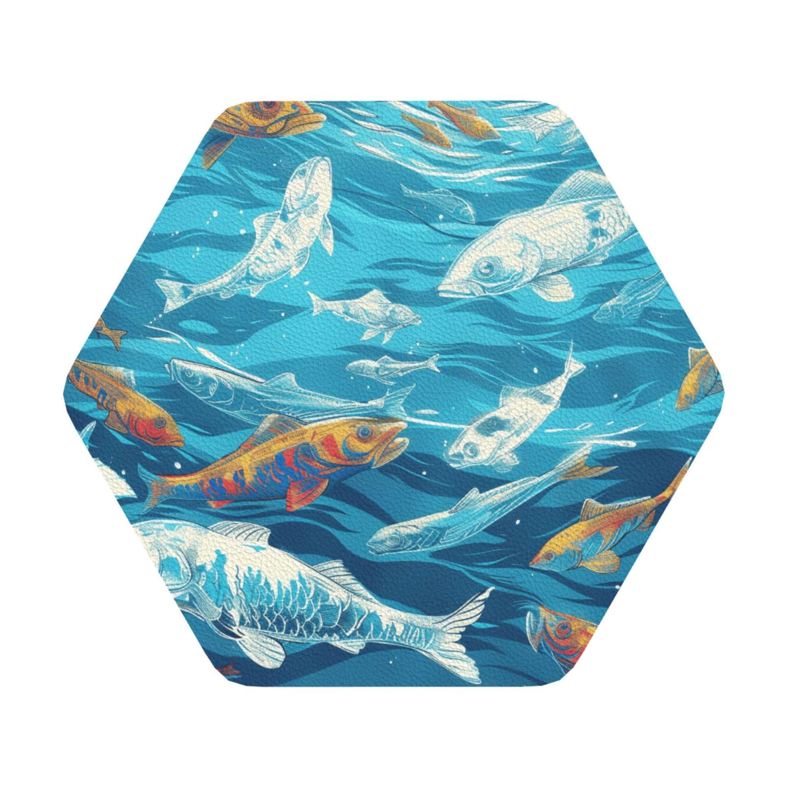 Fishes Print Leather Coaster Set of 6, Hexagon Coasters Table Decorative Coffee Cup Beverage Coasters Wine Beer Bar Coasters for Hot Drinks Table Protection
