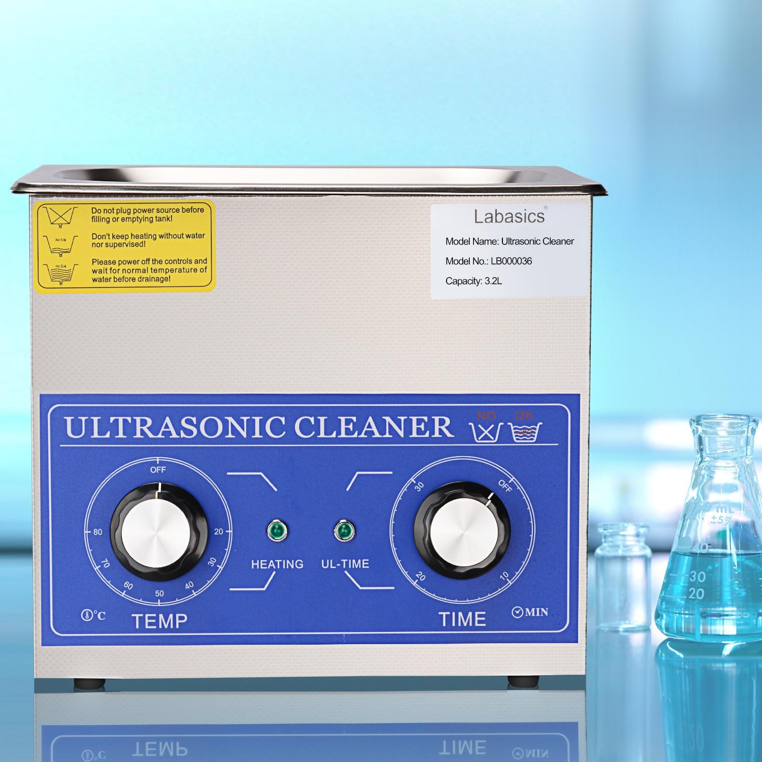 Labasics Ultrasonic Cleaning Machine, 304 Stainless Steel All-purpose Ultrasonic Washing Device with Mechanic Control Panel of Heating and Timer for Laboratory 40kHz 110V, 3.2L