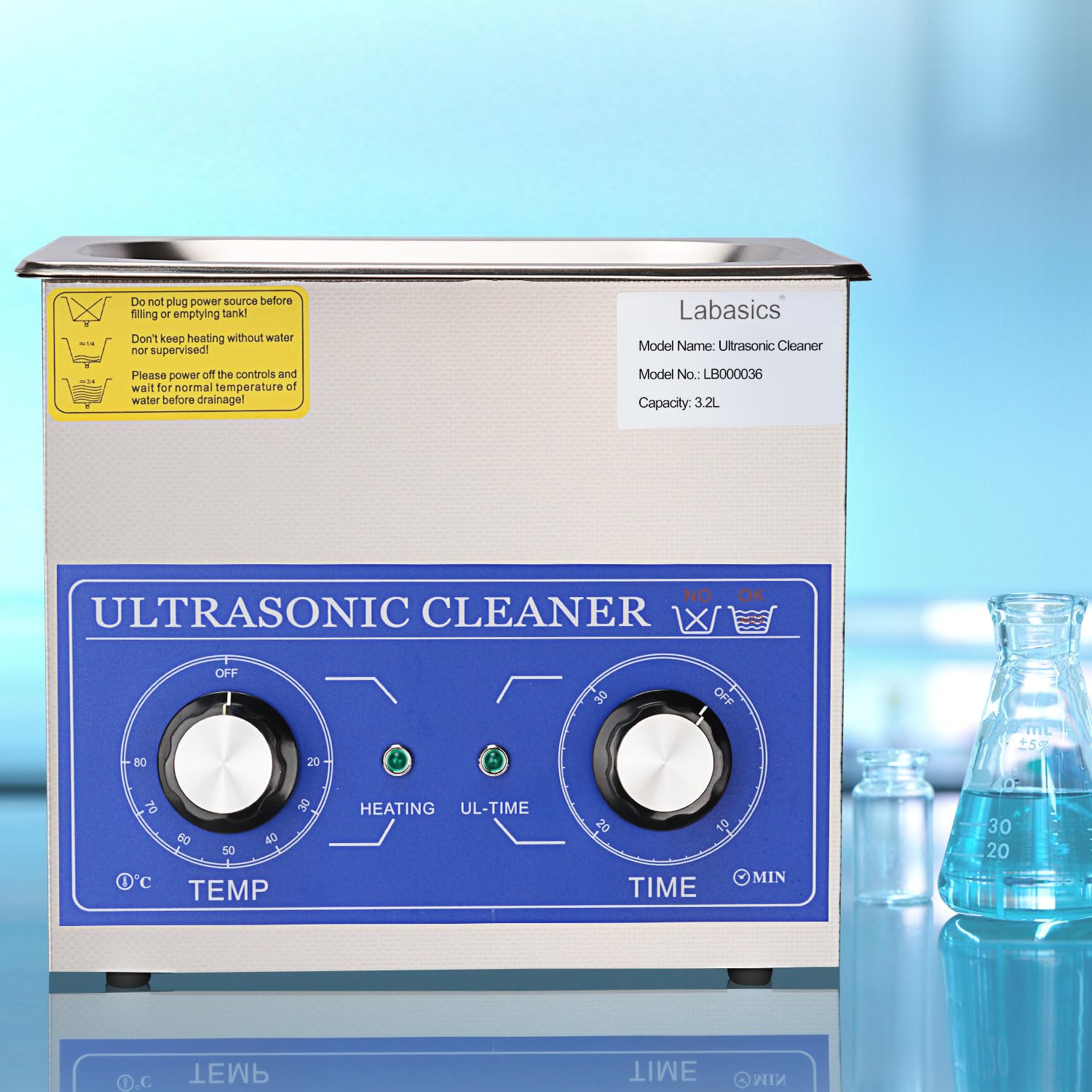 Labasics Ultraschallreiniger, 304 Edelstahl Allzweck-Ultraschallreiniger mit Mechanischem Bedienfeld für Heizung und Zeitschaltuhr für Labor 40kHz 220V, 3.2L