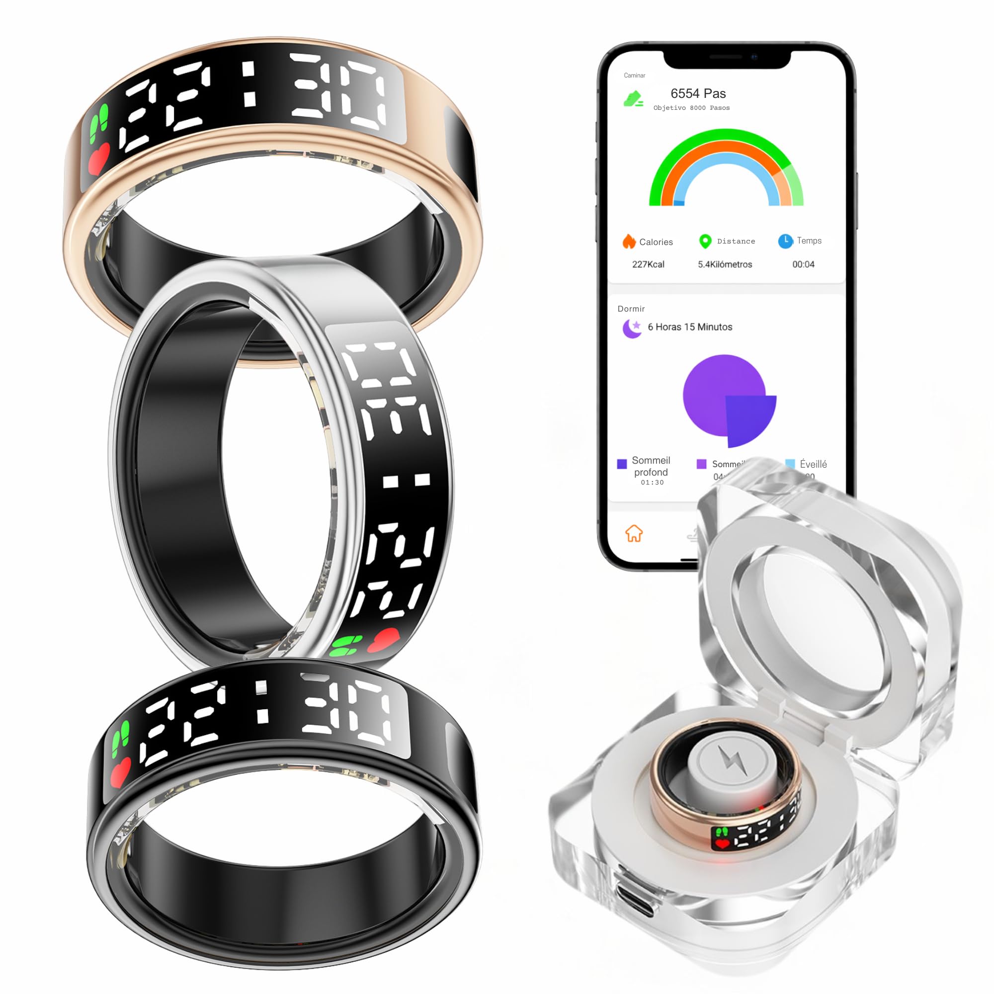 smartia – Bague Intelligente avec écran Tactile, modèle 2026 Application Incluse, Smart Ring Homme et Femme, Bague d’activité et de Suivi de la santé, Surveillance du Sommeil (Noir, 8)