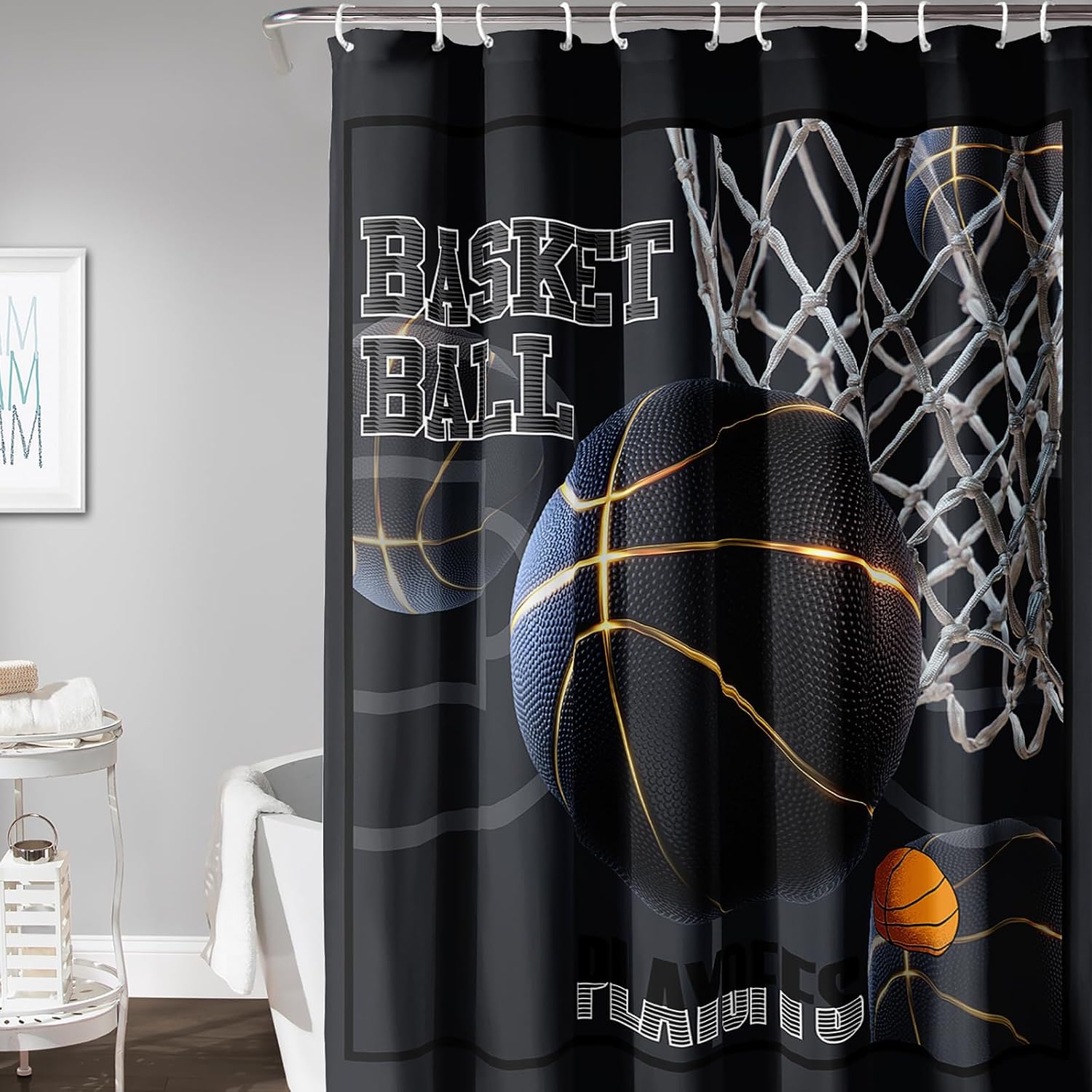 AILONEN Sport Basketball Shower Curtain,Dunk Basketball Bath Curtain with 12 Plastic Hooks,Black Ball Printed Polyester Waterproof Shower Curtain,Kids Men Boys Bathroom Decoration,Washable 36"W x 72"H